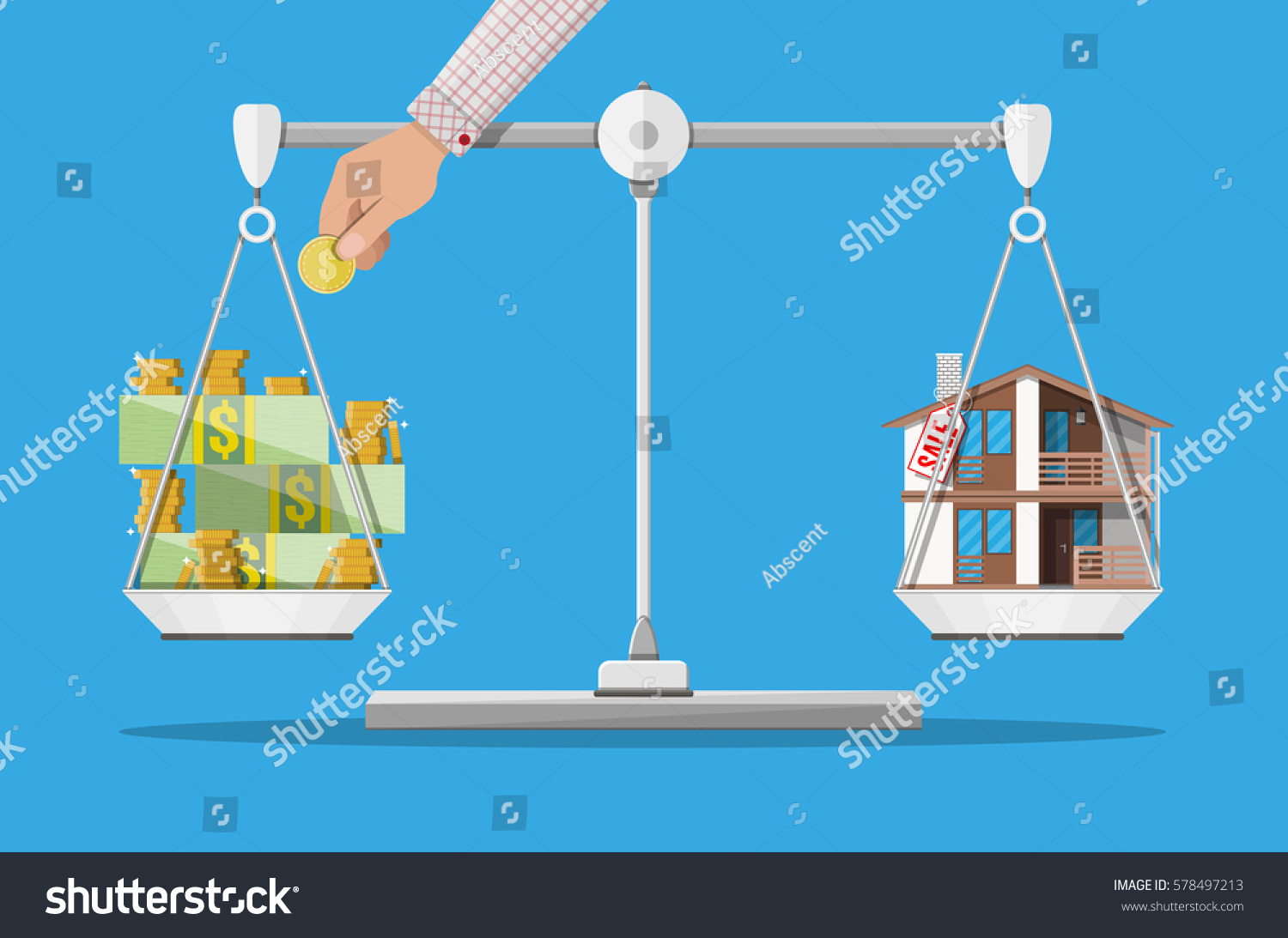 Scales with house and money. Buying a home. Real estate. Vector illustration in flat style