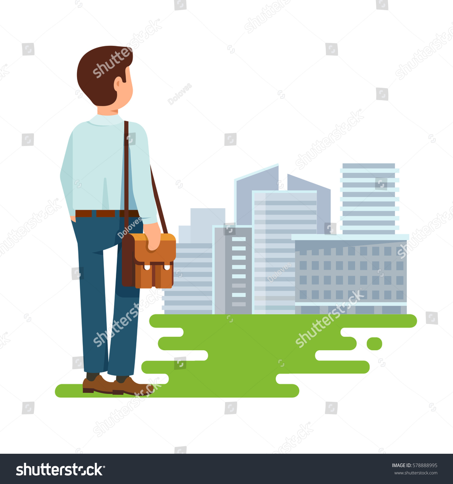 Vector illustration concept of search of work flat style. The young man  a student stands with his back to us and looking for a job  modern building city background
