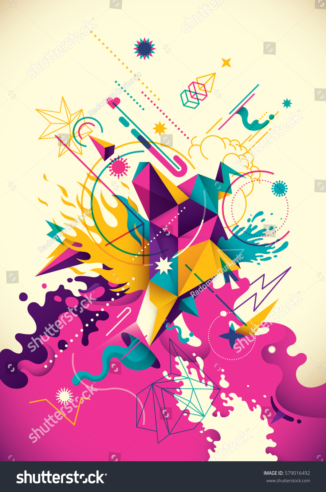 Artistic background with abstract composition  made of various geometric shapes  paths and splashes in intense colors. Vector illustration.
