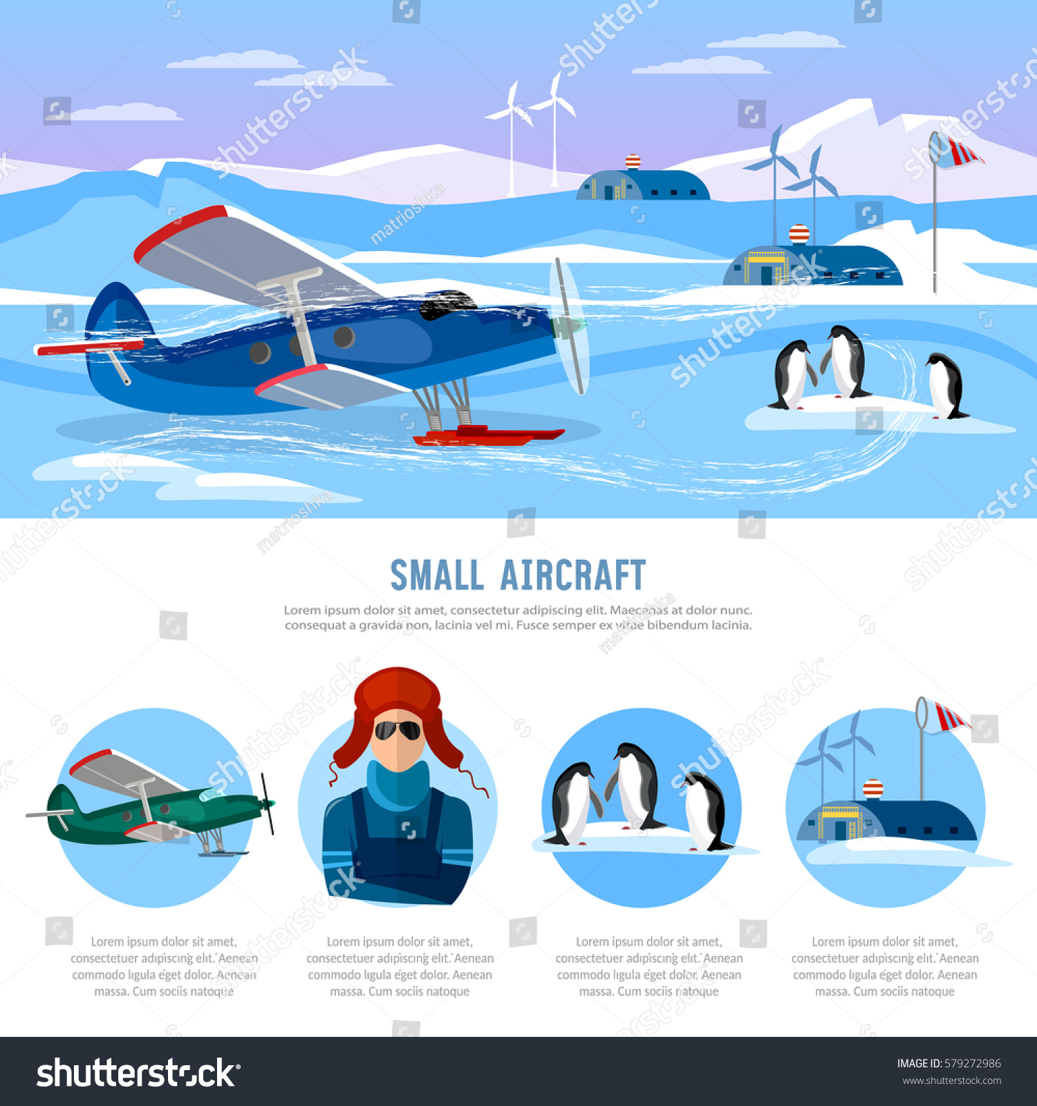 Study of the Arctic and Antarctic  flight to North Pole. Small aircraft. Travel to Antarctica infographics. Scientific polar explorers template design