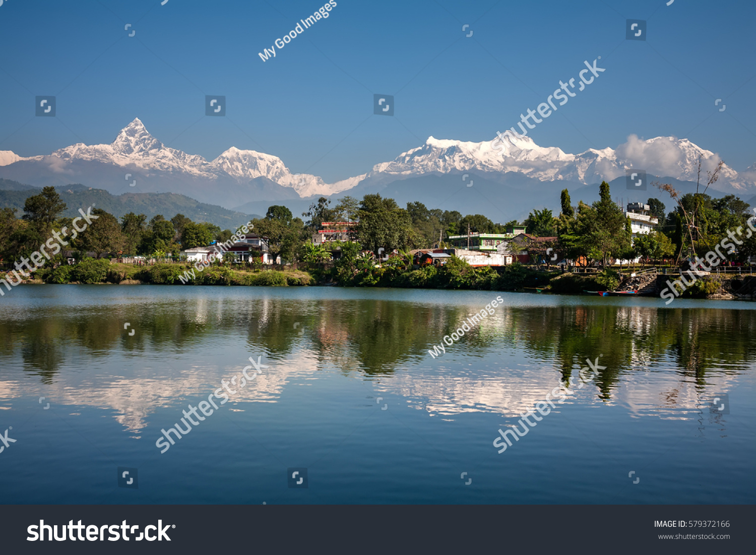 View at Annapurna mountain range and its reflection in Phewa lake in Pokhara  Nepal