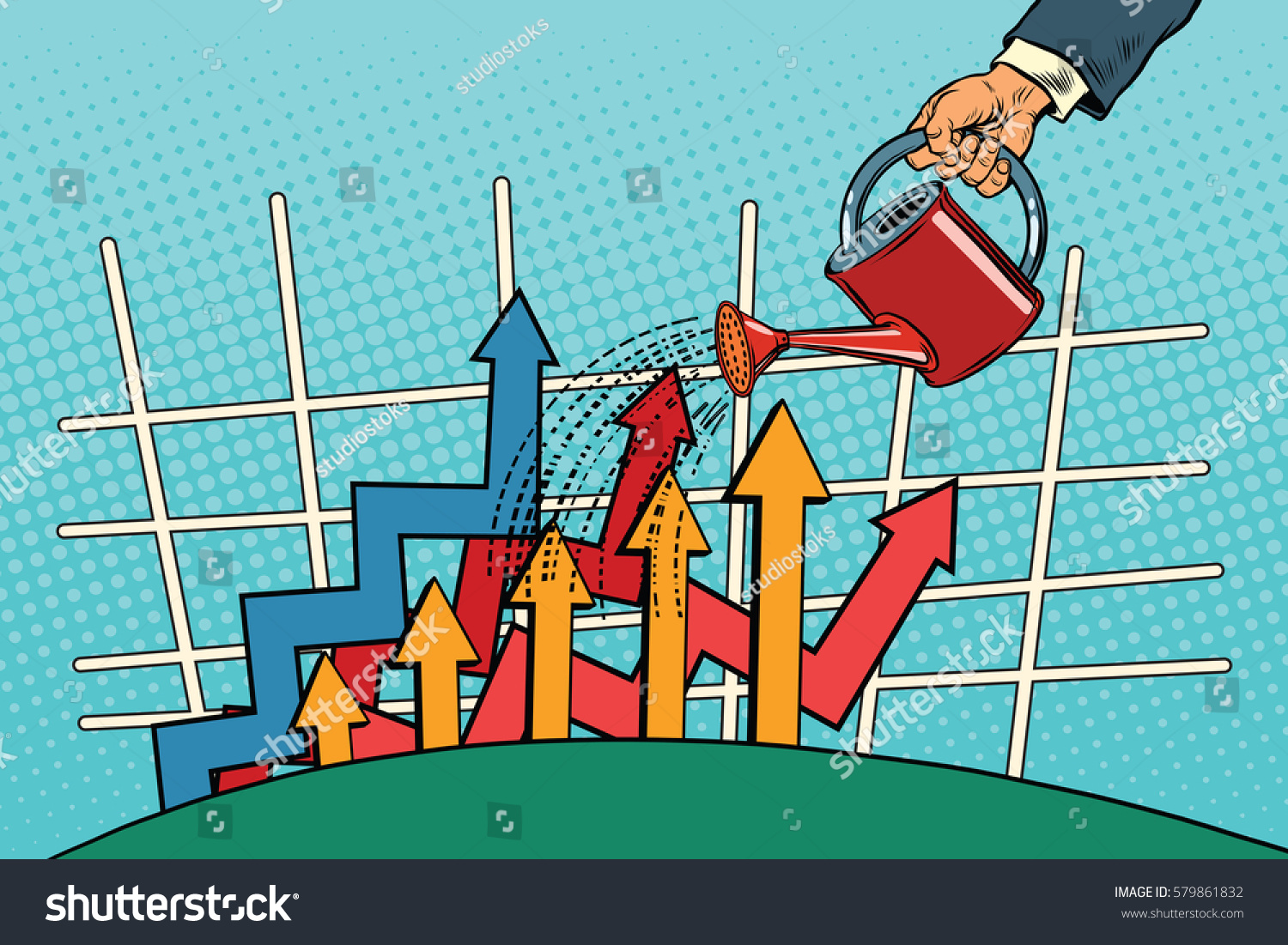 businessman watered arrow growth chart from a watering can. Vintage pop art retro vector. Startup and Business Incubator