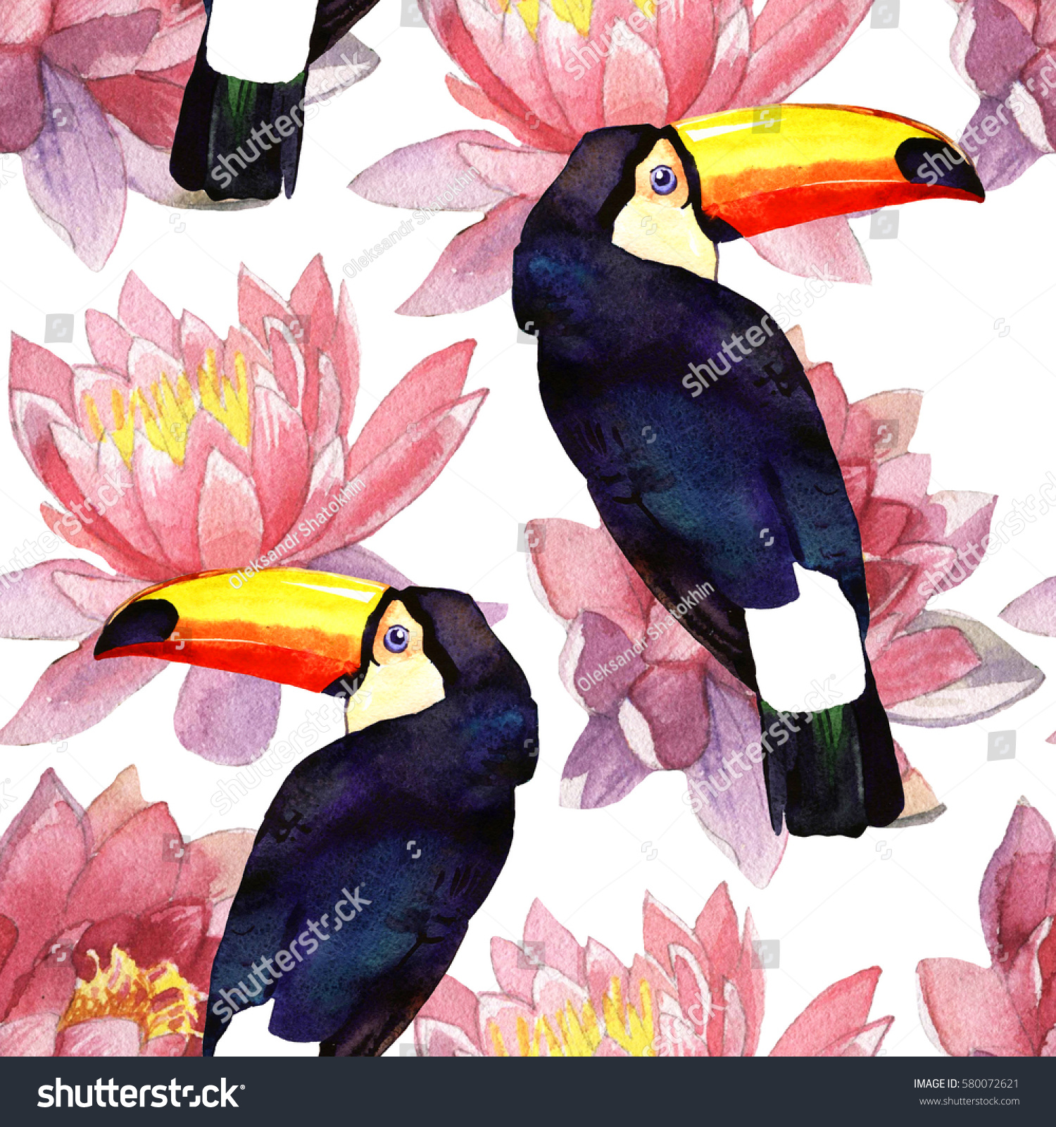 watercolor illustration of toucan seamless pattern on lotus background