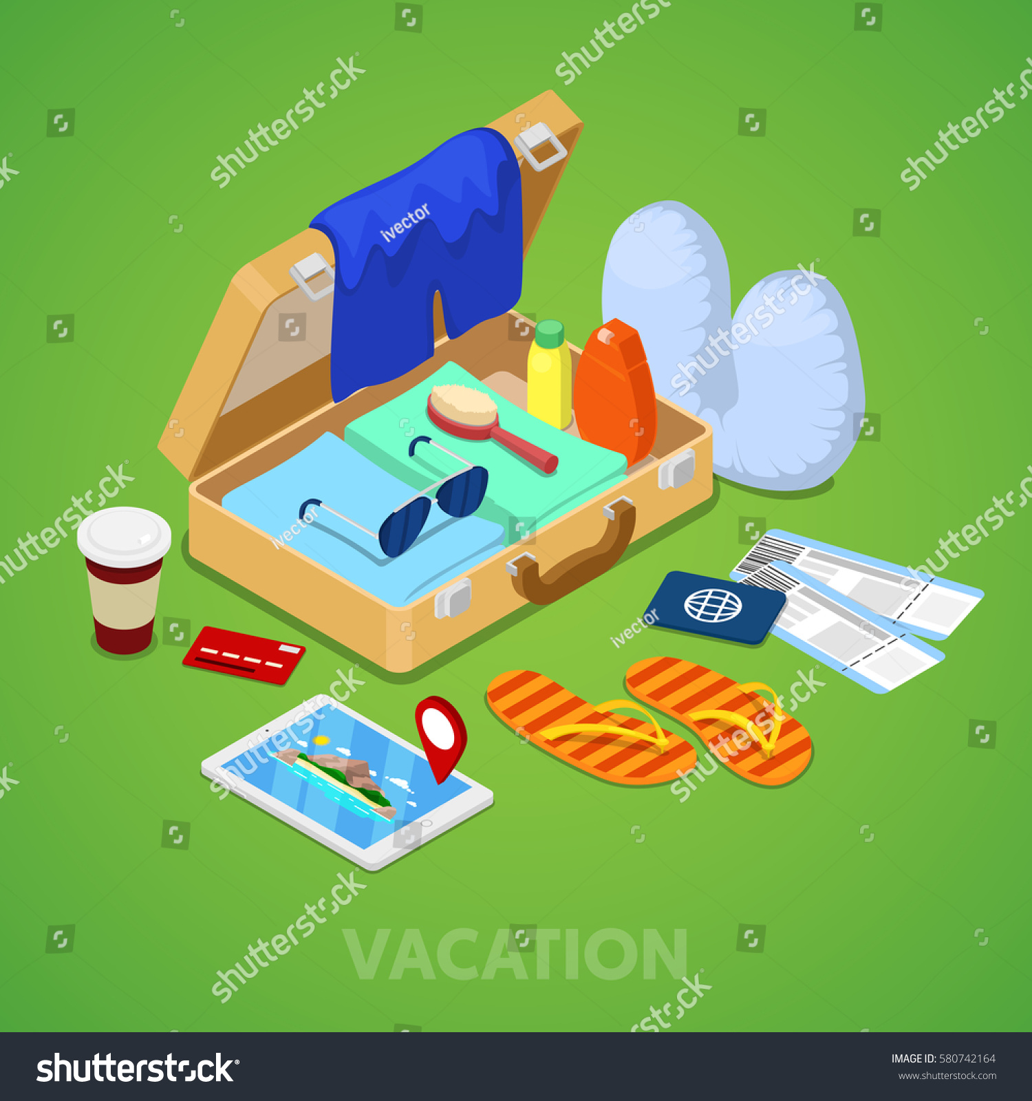 Isometric Travel Vacation Concept. Suitcase with Passport  Tickets and Summer Clothing. Vector 3d flat illustration
