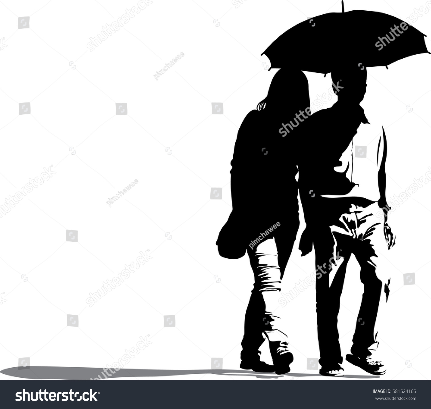 Vector silhouette of a couple Holding Umbrella on a white background  Romantic travel vacation. Joyful male and female couple lovers walking 