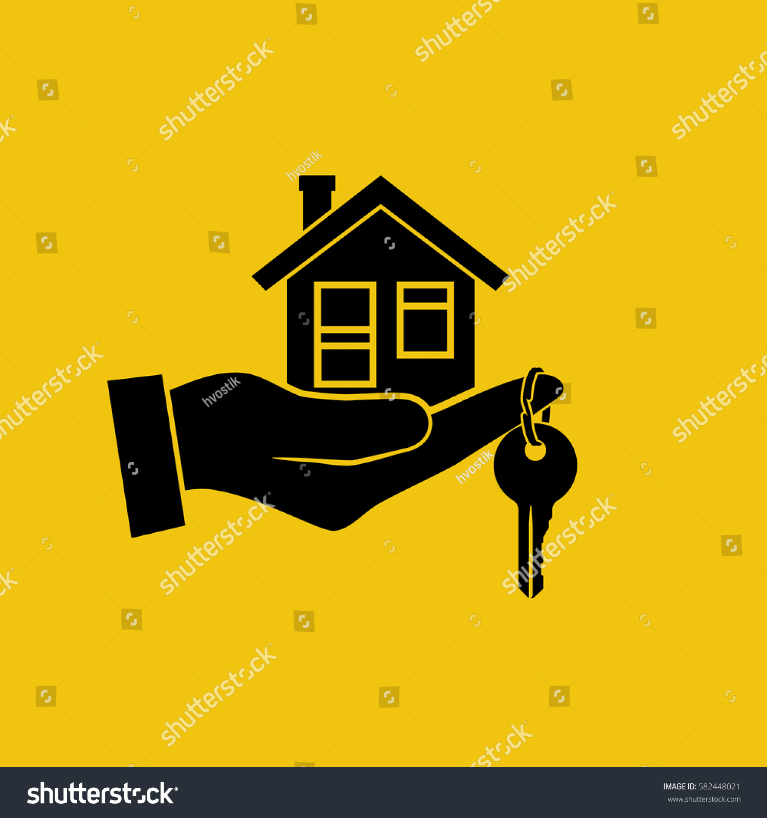 House key in hand icon. Real estate agent holds the key from home. Concept of selling  renting template. Vector illustration flat design. Silhouette  pictogram. Giving keys.
