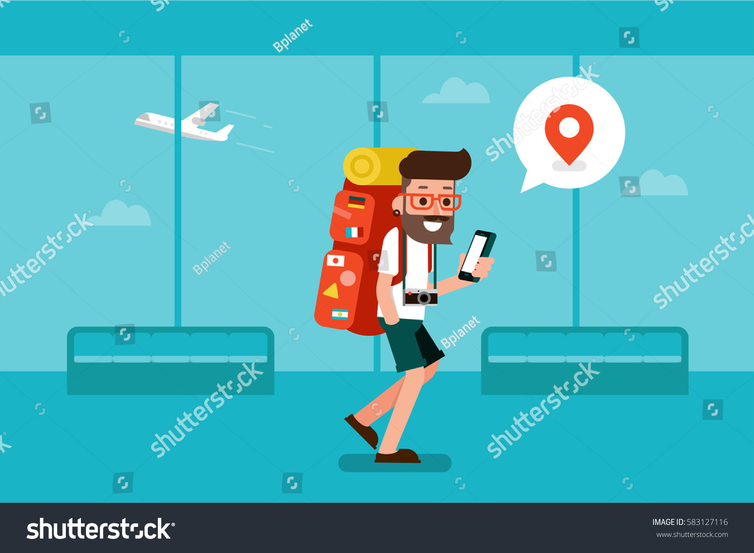 Traveler man using mobile phone in airport.