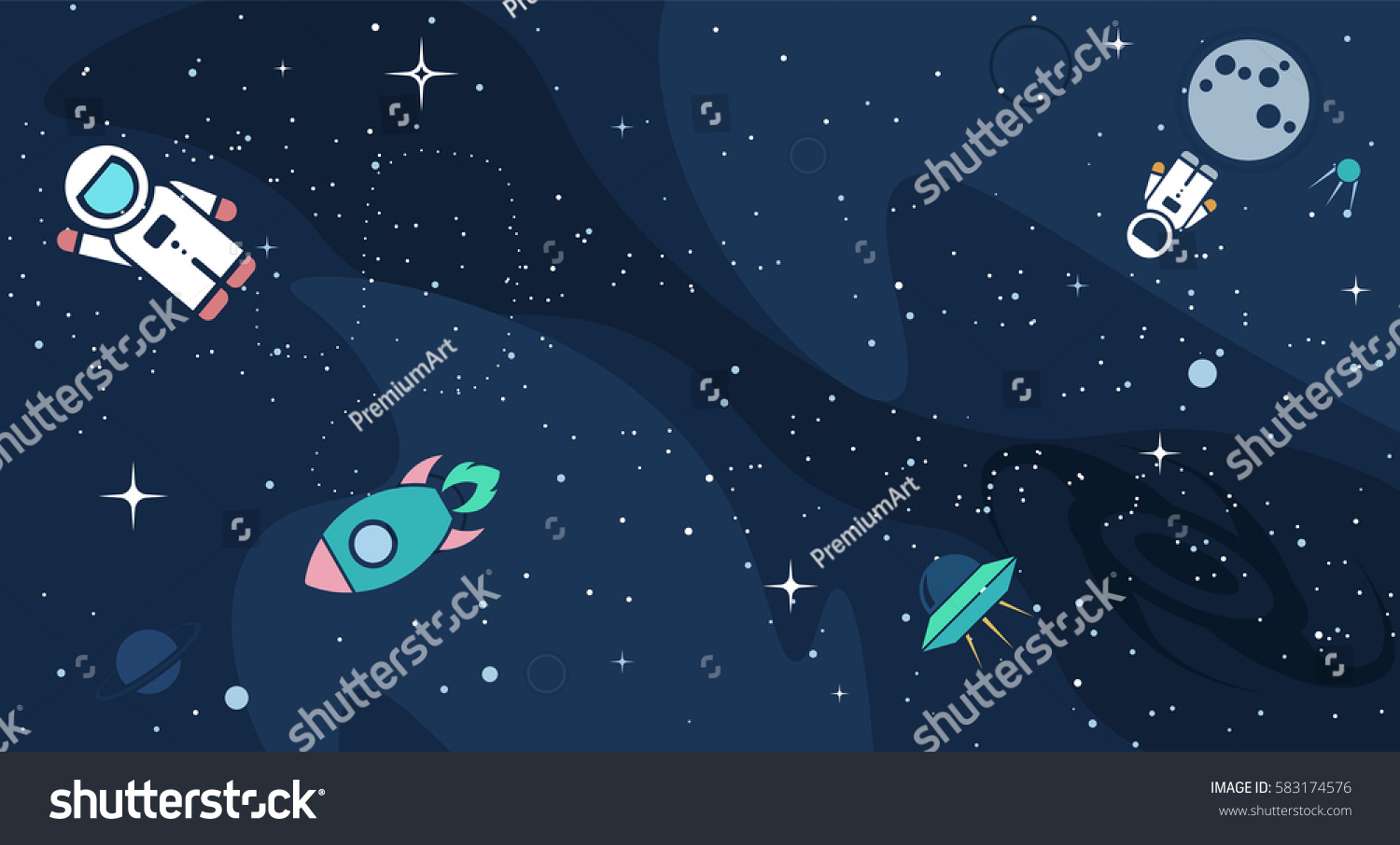Vector flat cosmos design background. Cute template with Astronaut  Spaceship  Rocket  Moon  Black Hole  Stars in Outer space