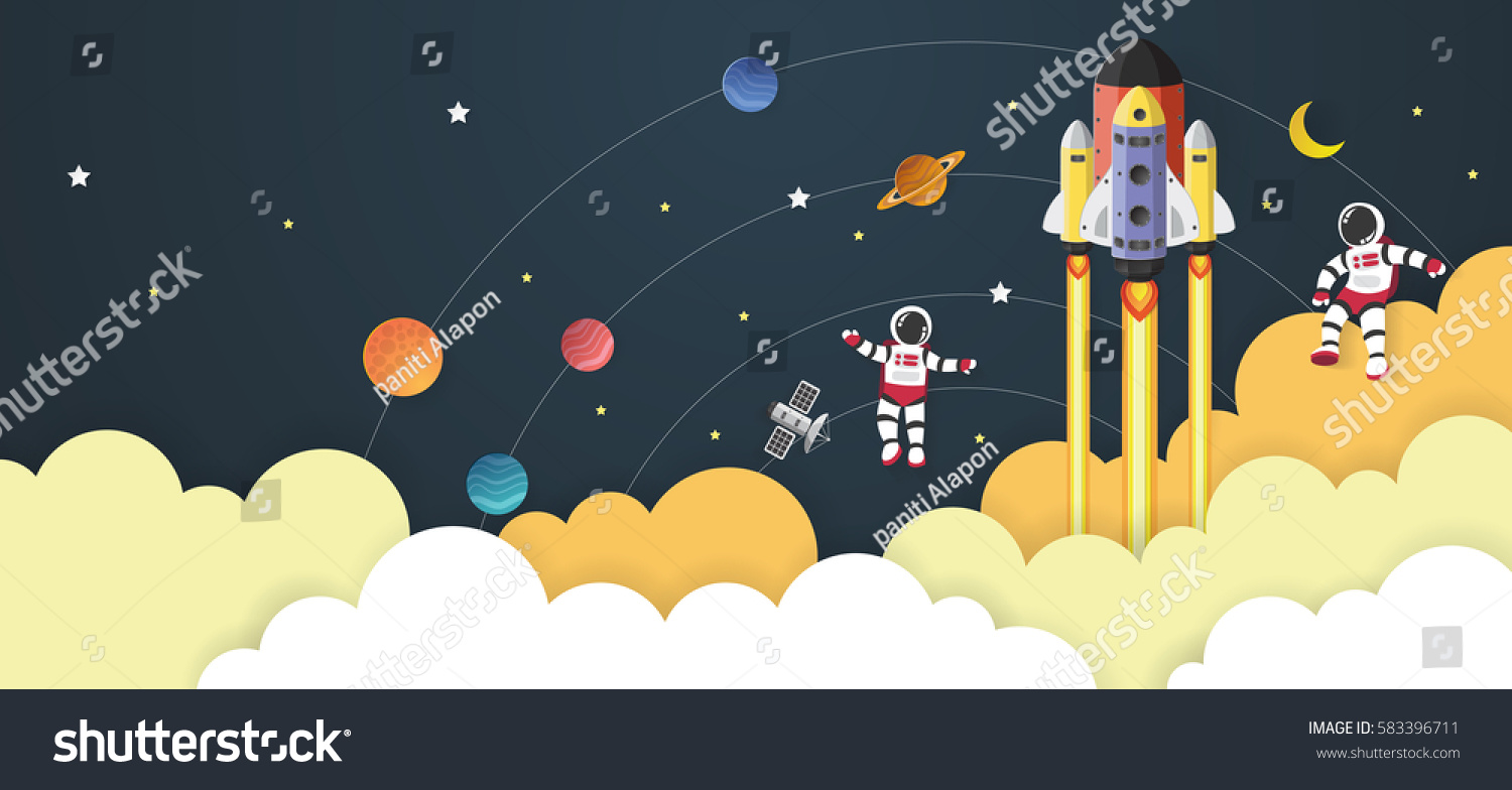 Astronaut cartoon with a spaceship in space paper cut