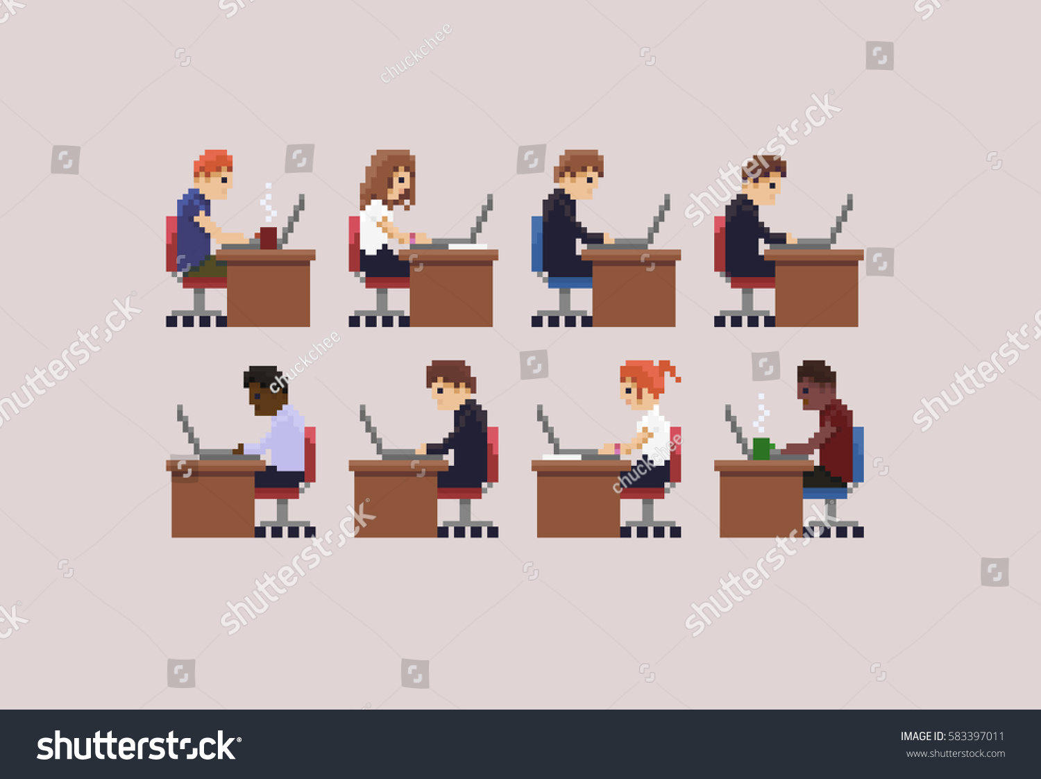 Pixel art characters working on their laptops  8-bit office people