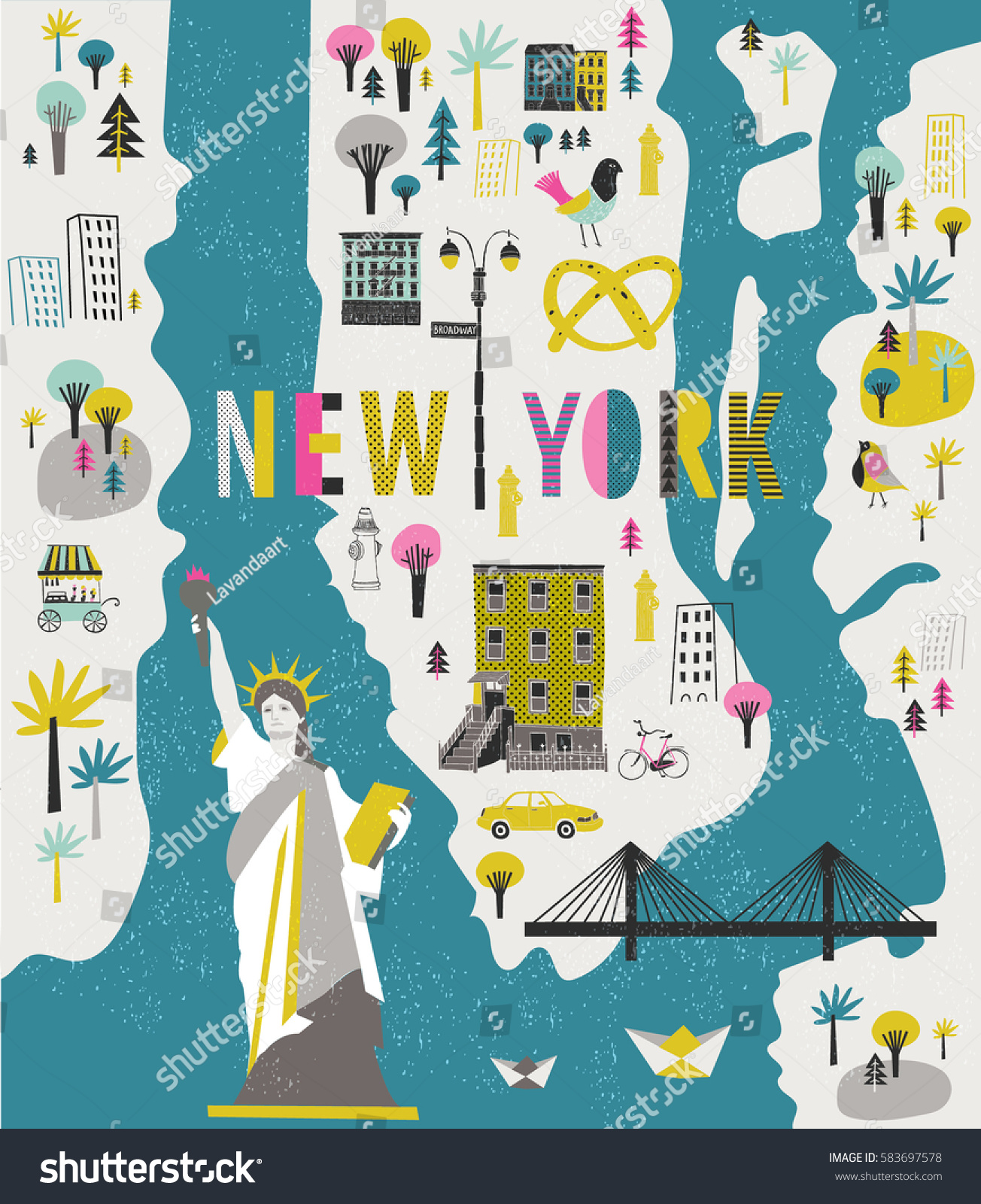 Cartoon Map of New York with Legend Icons
