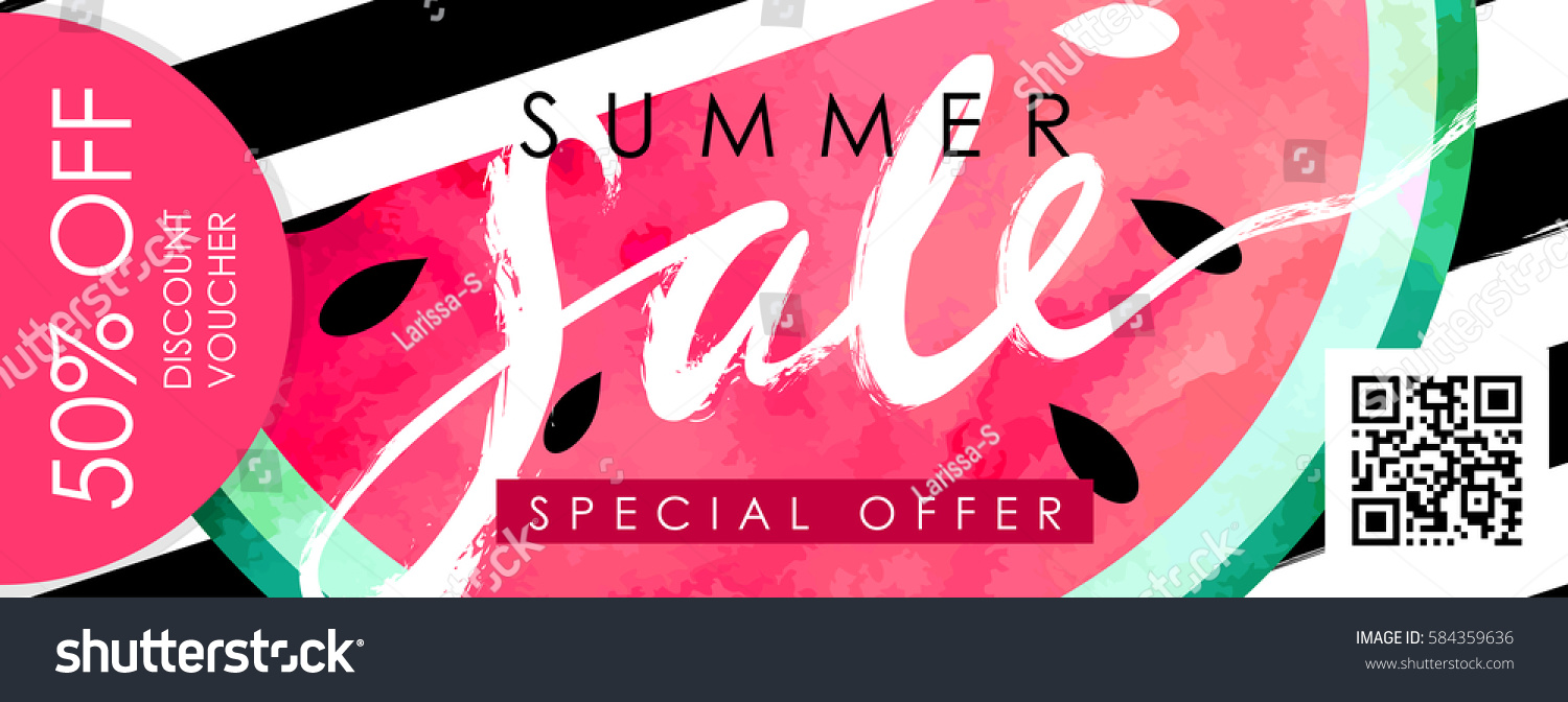 Gift certificate  Voucher  Coupon template with watercolor paint textured watermelon on trendy striped background. "Summer sale" hand written lettering.