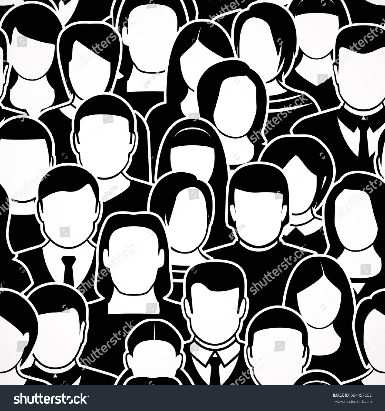 The crowd of abstract people  seamless pattern in black. Isolated on White Background. Flat design  vector illustration.