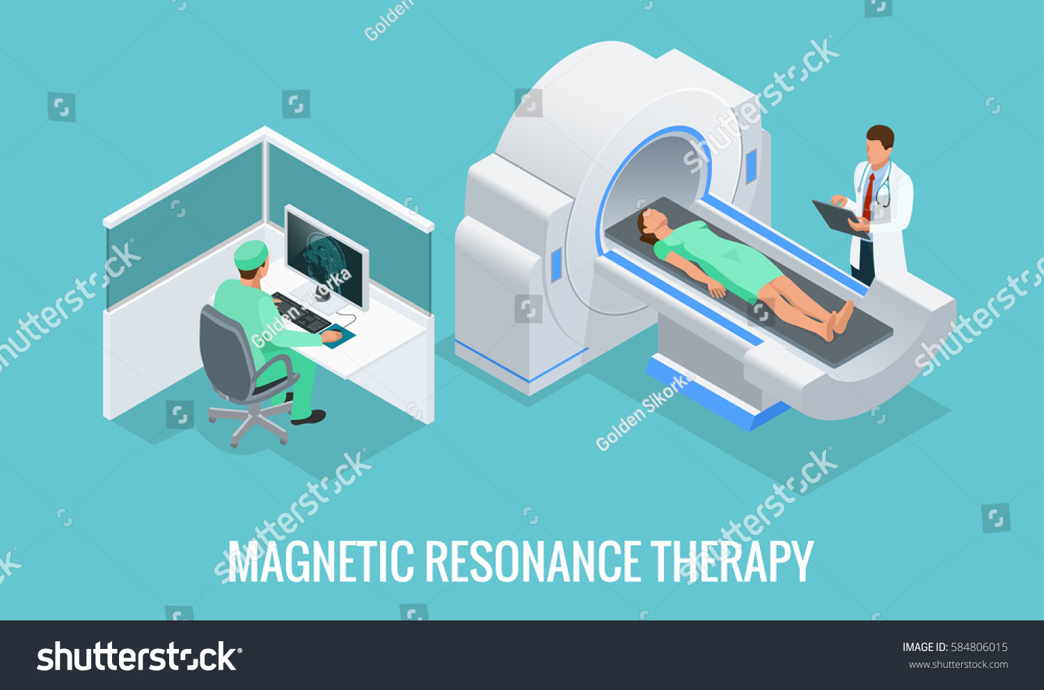 Doctor looking at results of patient brain scan on the monitor screens in front of MRI machine with man lying down. Flat isometric vector illustration.
