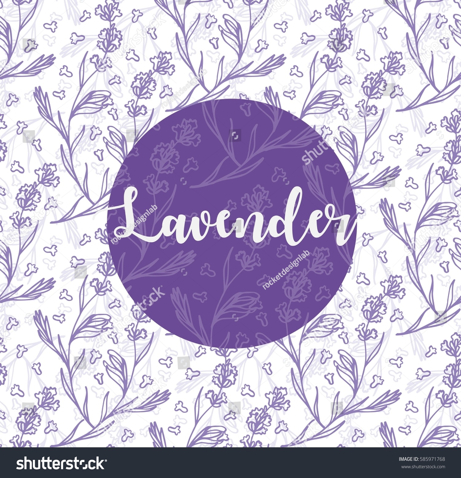 lavender flowers illustration with lavender word and seamless pattern background