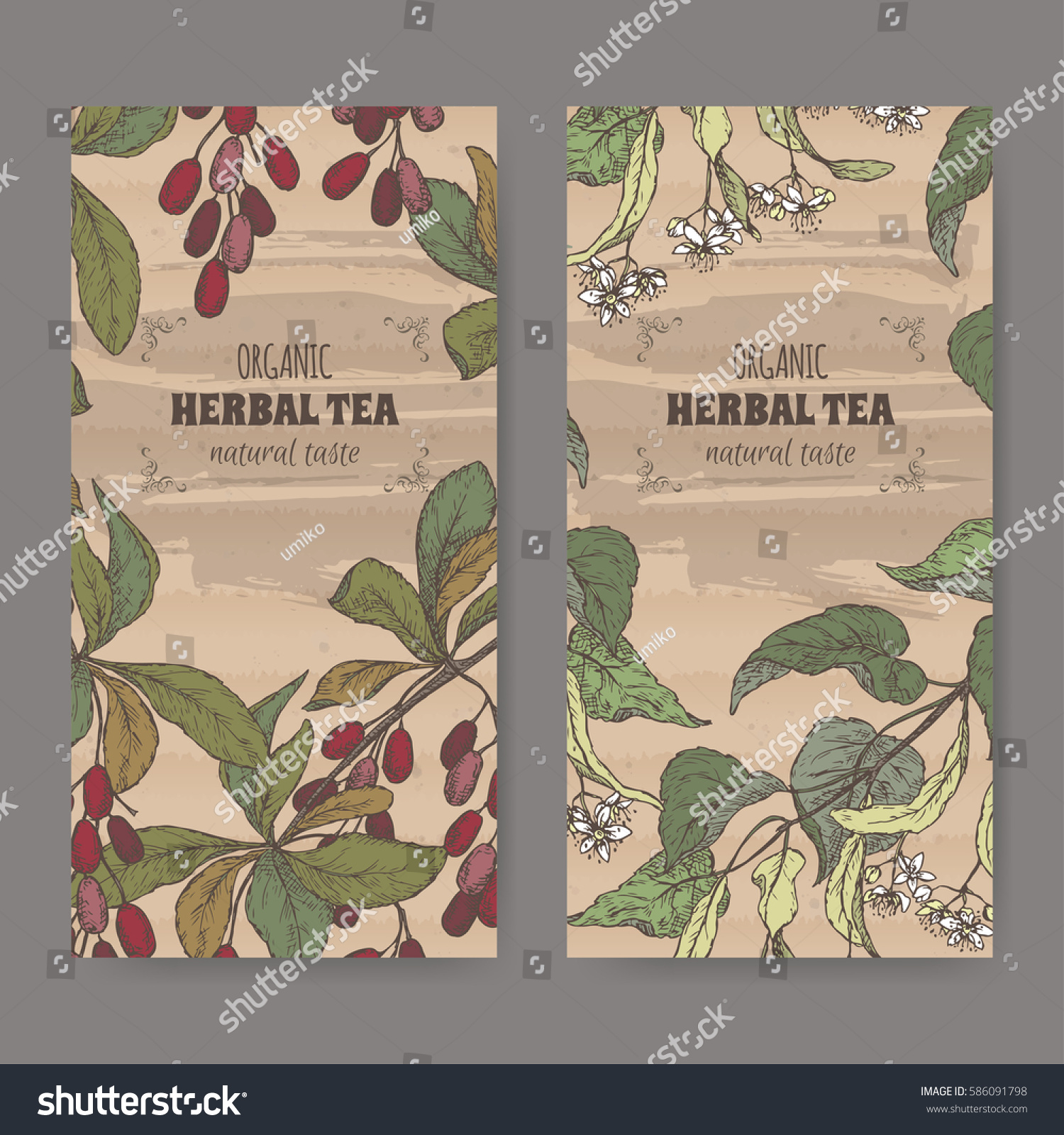 Set of two color vintage labels for linden and barberry herbal tea. Placed on cardboard texture.