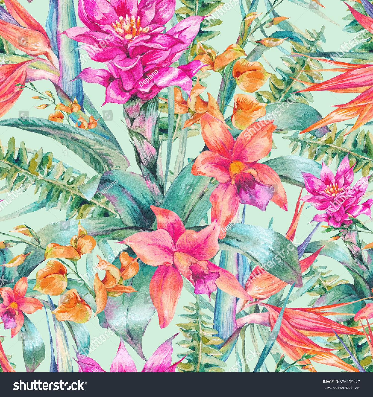 Watercolor vintage floral tropical seamless pattern. Exotic flowers Bird of Paradise twigs and leaves. Botanical bright classic illustration isolated on green background.