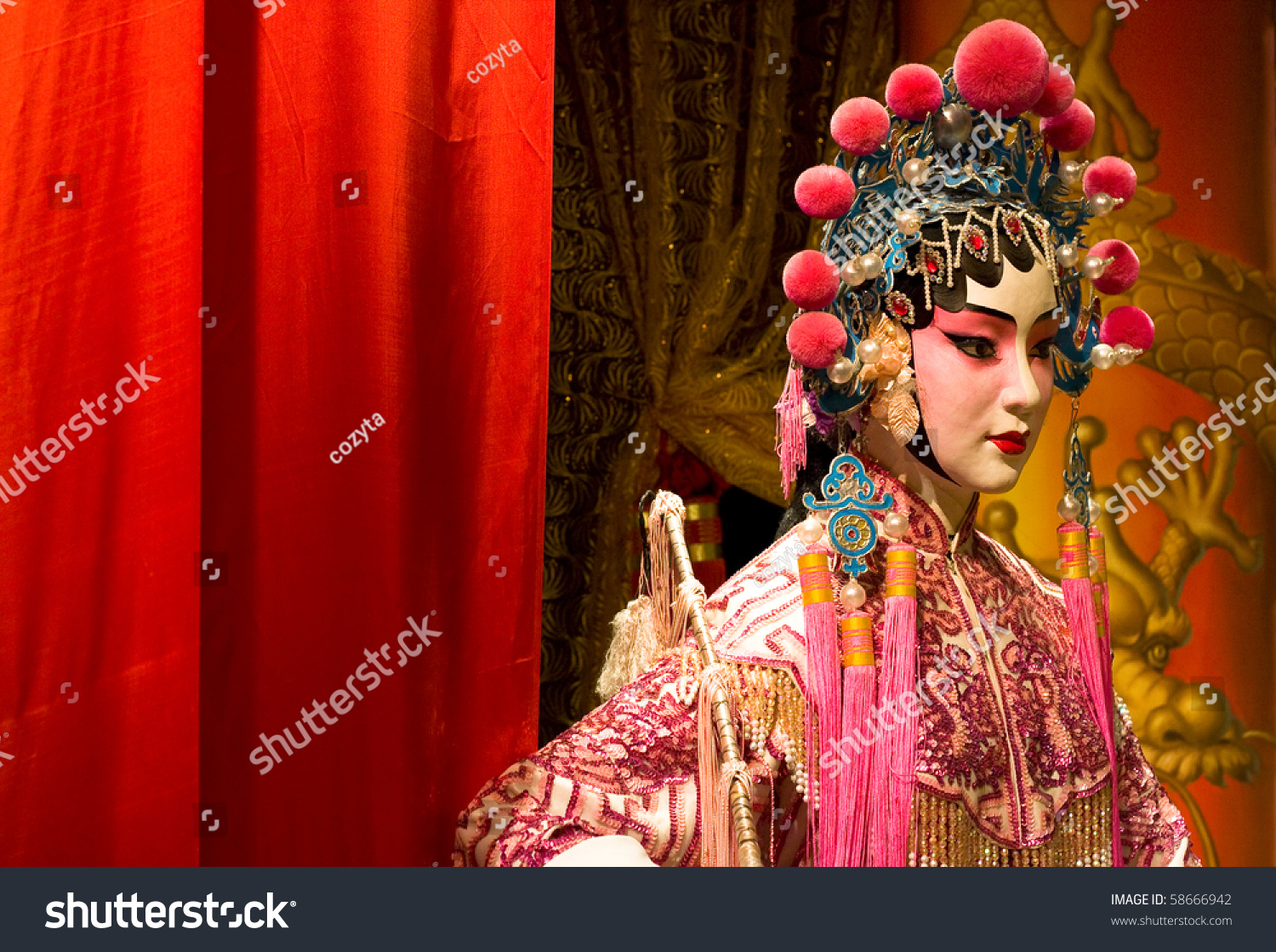 chinese opera dummy and red cloth as text space  it is a toy not real man