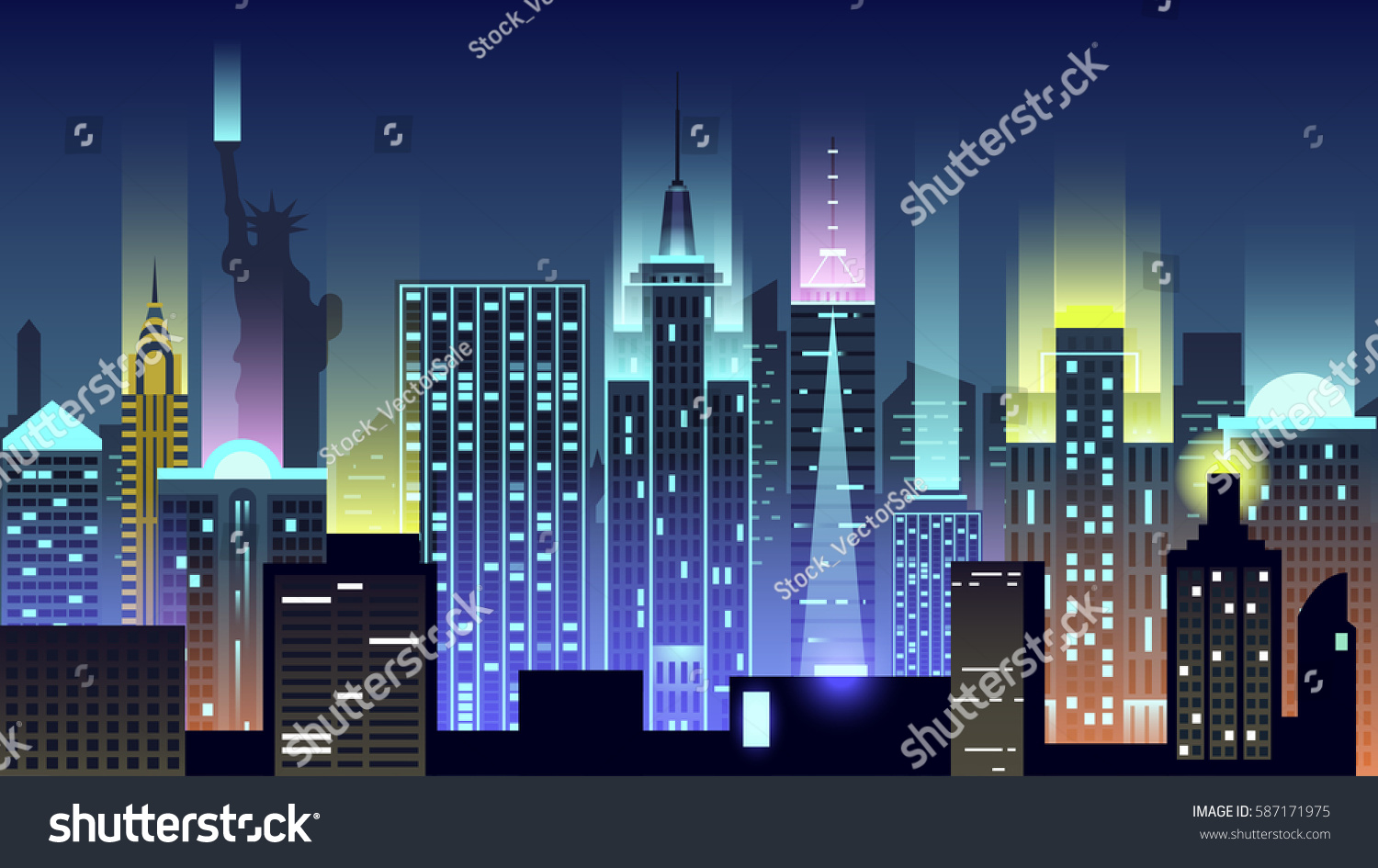 Vector illustration background city night in neon style architecture buildings monuments town country travel USA  welcome New York  Statue of Liberty  United States of America  bridge  skyscrapers