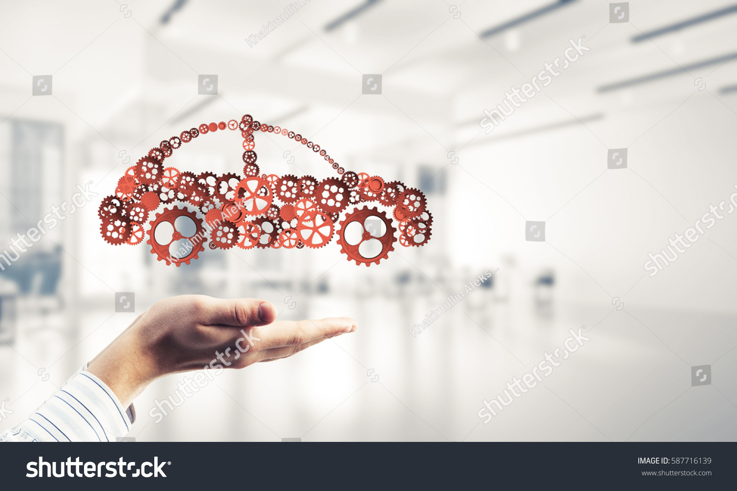 Man presenting in palms concept of car transporation or insurance