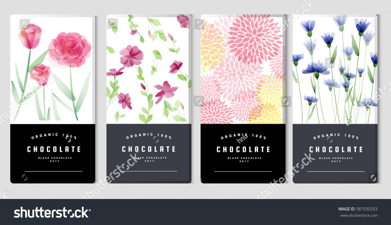 Chocolate bar packaging mock up set  watercolor style. Trendy luxury product branding template with label and geometric pattern. vector 