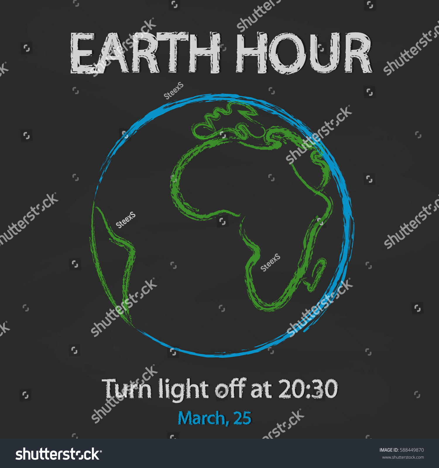 Earth hour background with globe on blackboard in cartoon style. Vector illustration for you design  card  banner  poster  calendar or placard template. March 19. Holiday Collection.