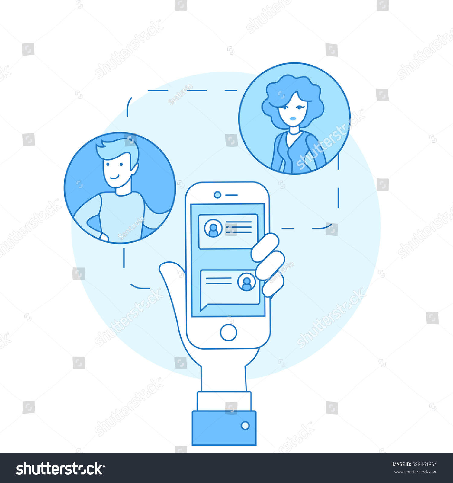 Linear Flat correspondence on smartphone screen  male hand holding phone vector illustration. Man and woman characters chatting. Mobile connection  communication concept