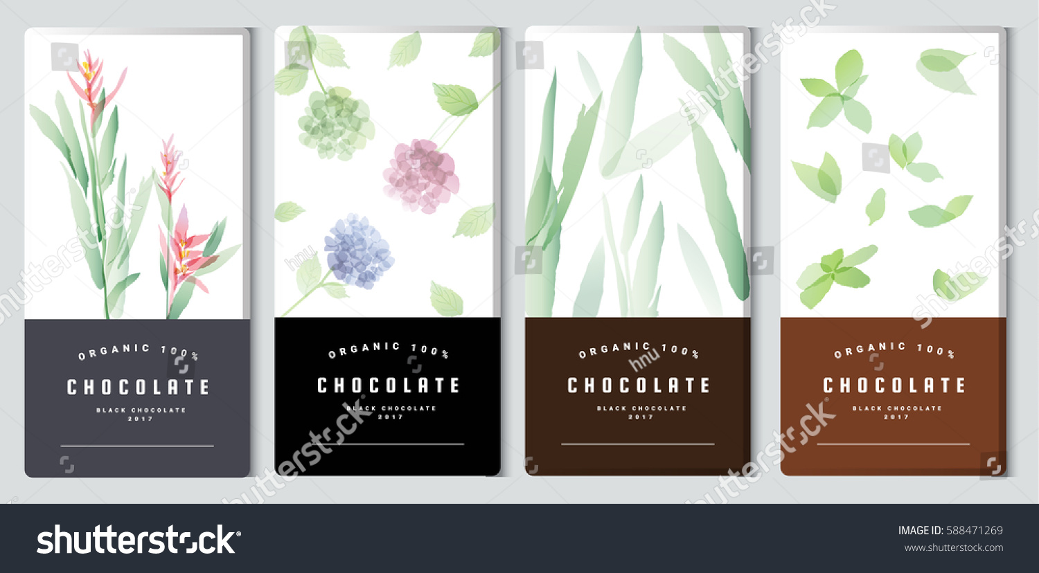 Chocolate bar packaging mock up set  watercolor style. Trendy luxury product branding template with label and geometric pattern. vector 