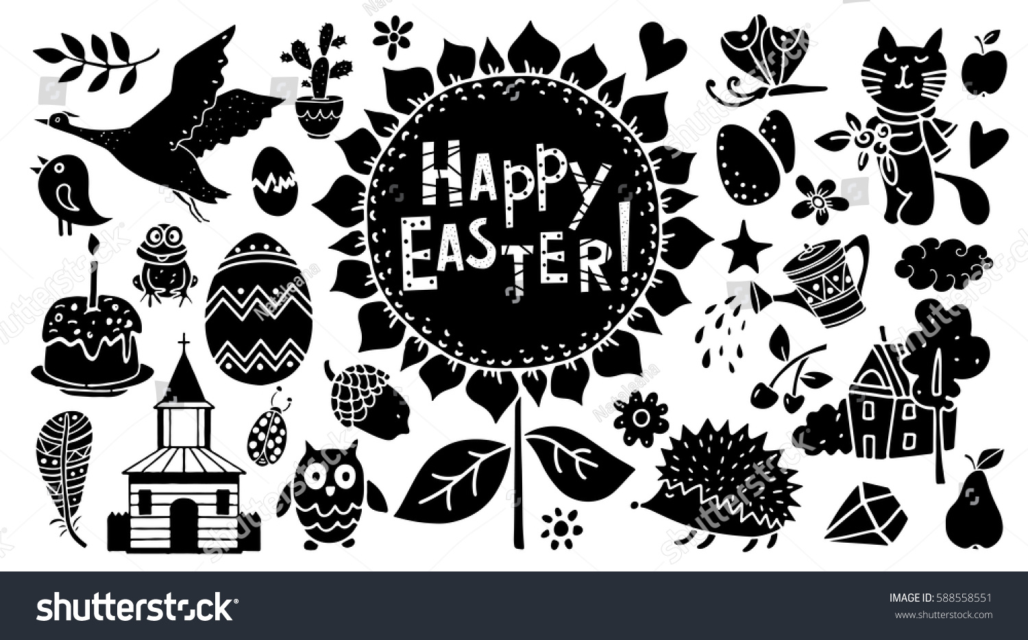 Easter hand drawn  scrapbooking cartoon design elements  icons set isolated on white background. Hand written font  lettering