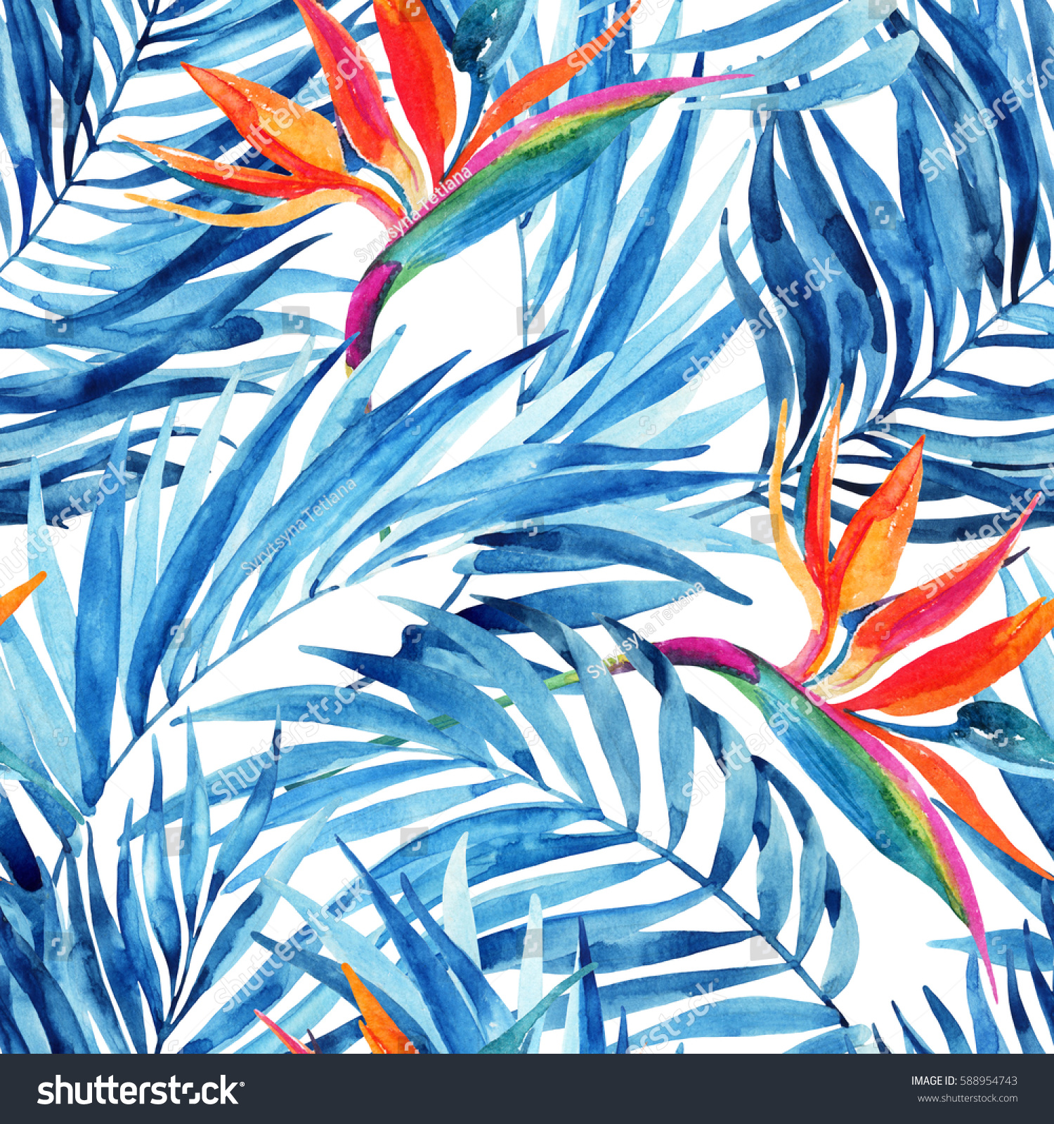 Watercolor tropical leaves and flowers seamless pattern. Watercolour palm leaves and bird-of-paradise painting. Hand painted illustration for summer design. Water color exotic background.