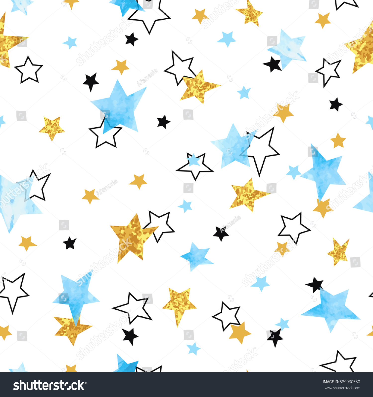 Seamless Stars pattern. Vector background with watercolor blue and glittering golden stars. 