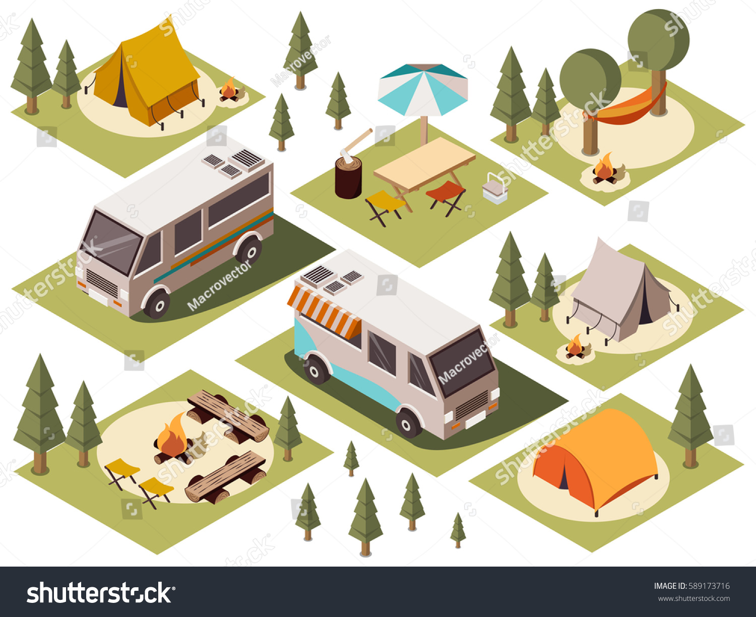 Isometric set of camp elements with vans tents bonfires chairs tables hammock and umbrella isolated vector illustration  