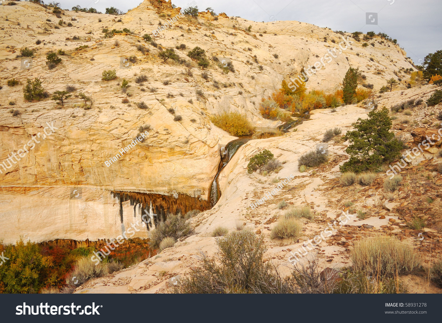 white slickrock mountaintop with waterfall cascading through the trail