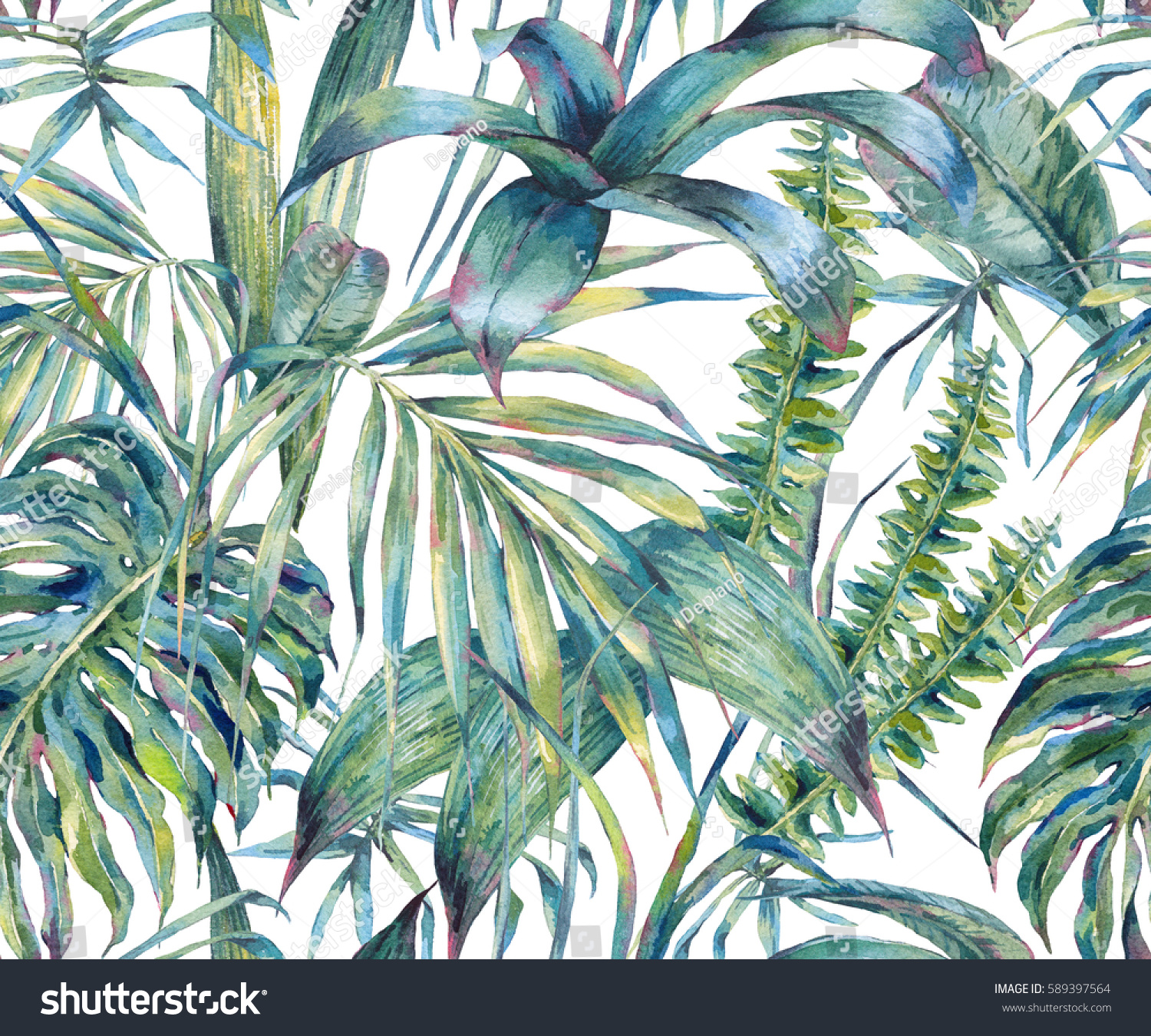 Natural leaves exotic watercolor seamless pattern green tropical leaves fern dense jungle Hand painted botanical summer illustration on white background