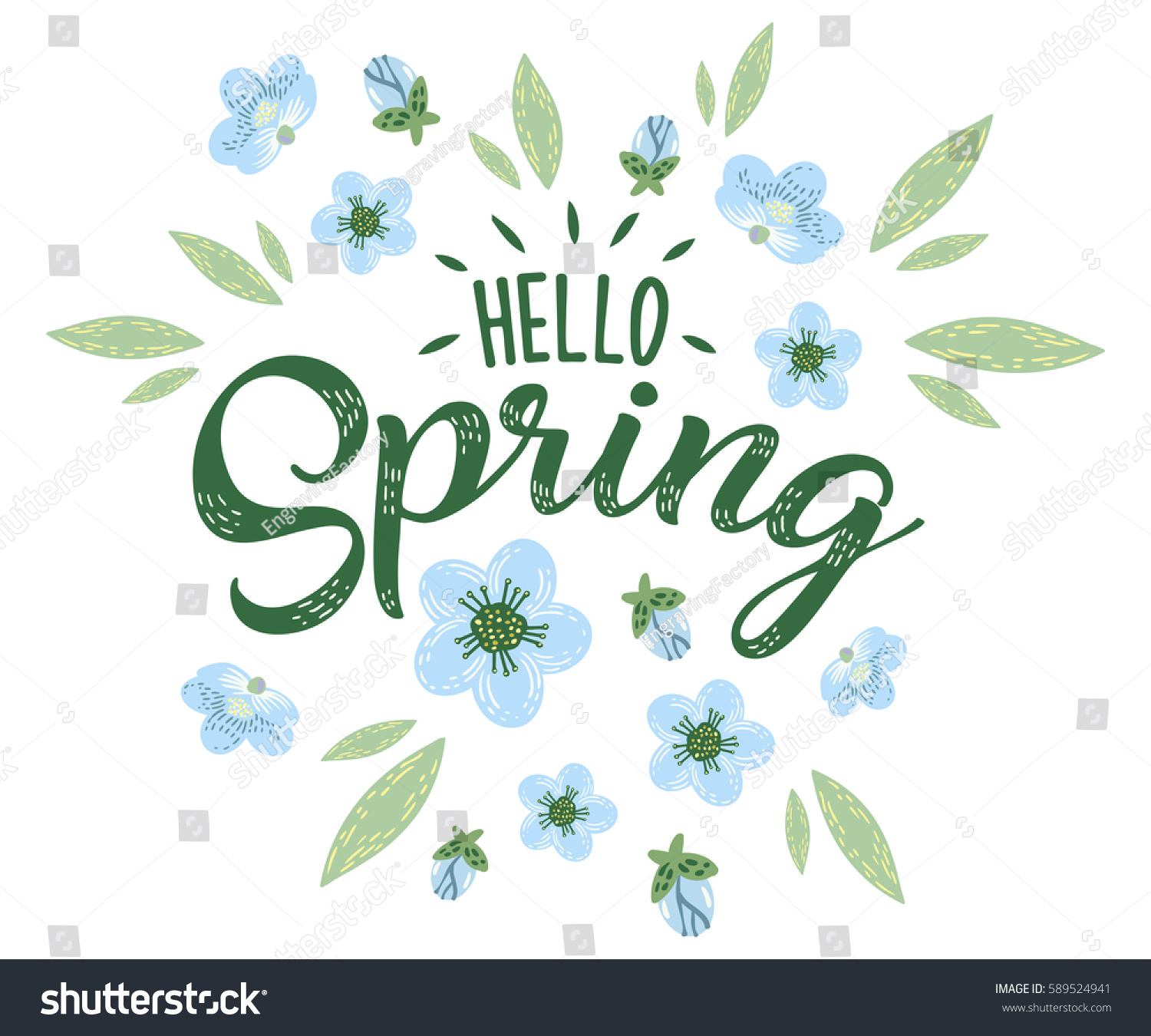 Hello Spring hand sketched logotype  badge typography icon. Lettering spring season with flowers for greeting card  invitation template. Retro  vintage lettering banner poster template background