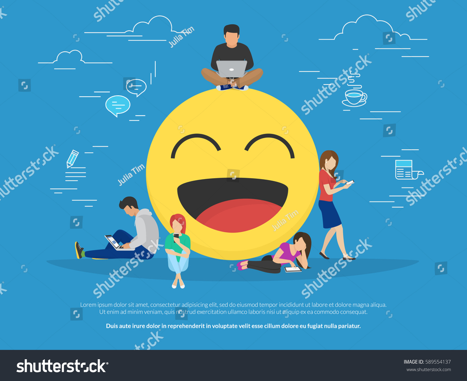 Young men and women standing near big emoji head symbol and using their smart phones for texting to live chat  messengers and networks. Flat concept illustration of online talk on blue background