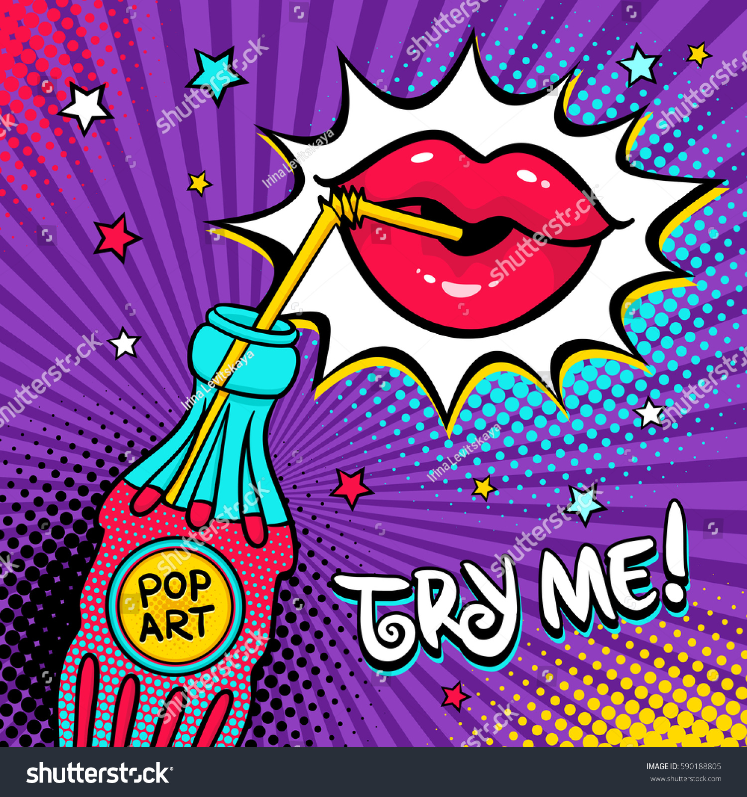 Background with colorful bottle of soda water with a straw and pop art label  female lips drinking it  stars and Try me text. Vector illustration in comic retro pop art style.