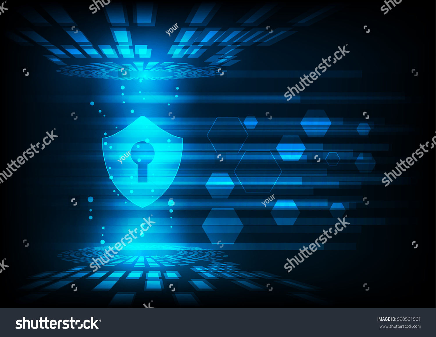Cyber security concept: Shield With Keyhole icon on digital data background. Illustrates cyber data security or information privacy idea. Blue abstract hi speed internet technology.