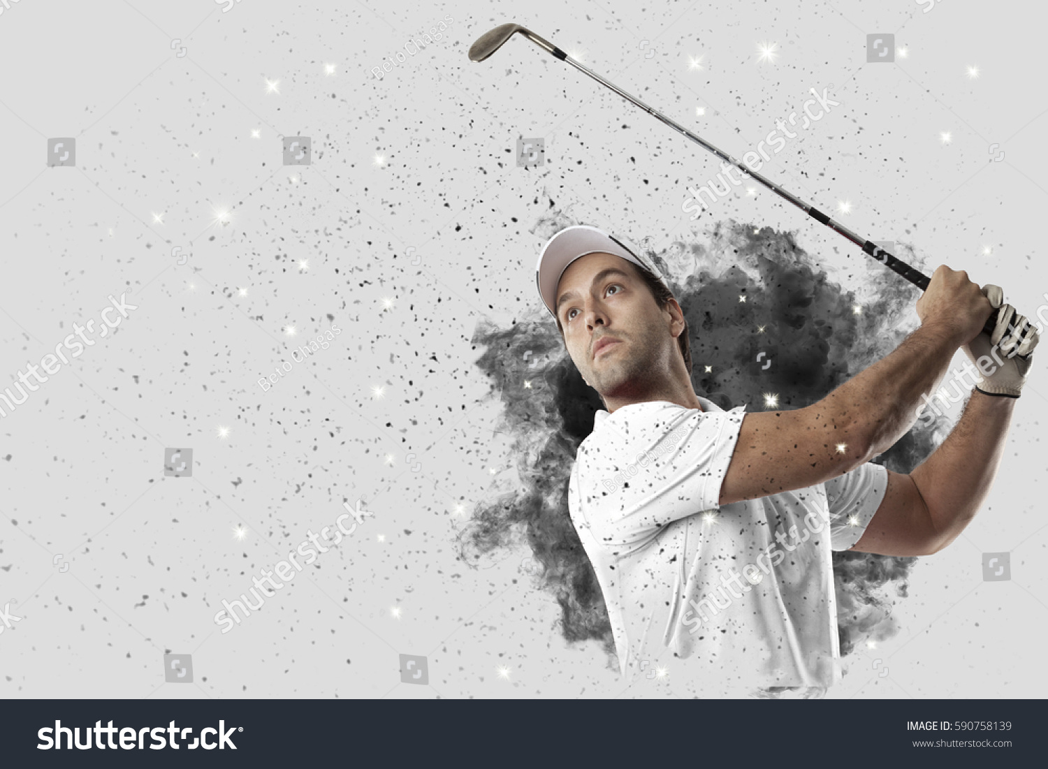 Golf Player with a white uniform coming out of a blast of smoke .