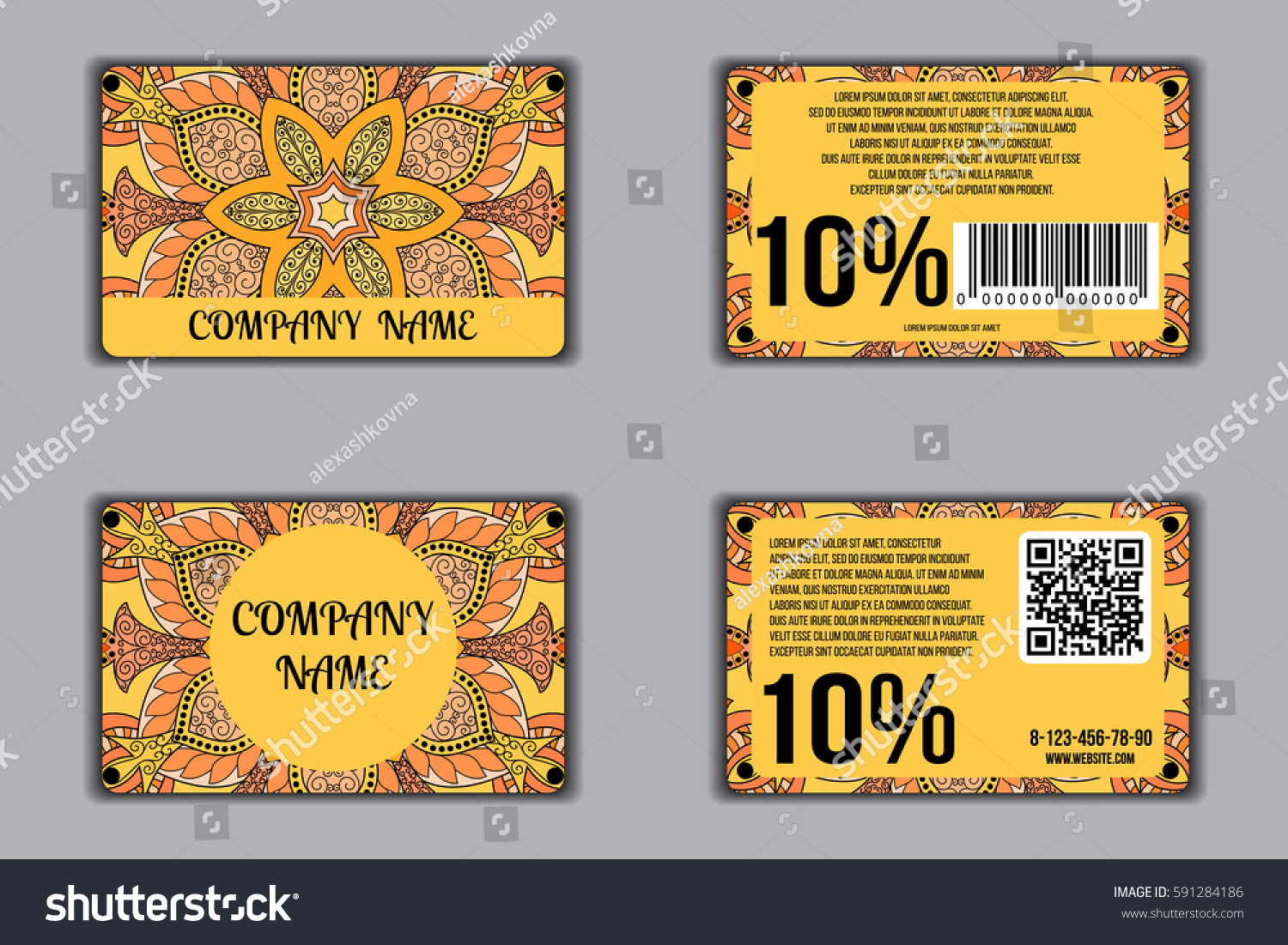 Set of discount cards with floral mandala pattern. Loyalty card. Front page and back page. Vector coupon with round floral ornament on background.