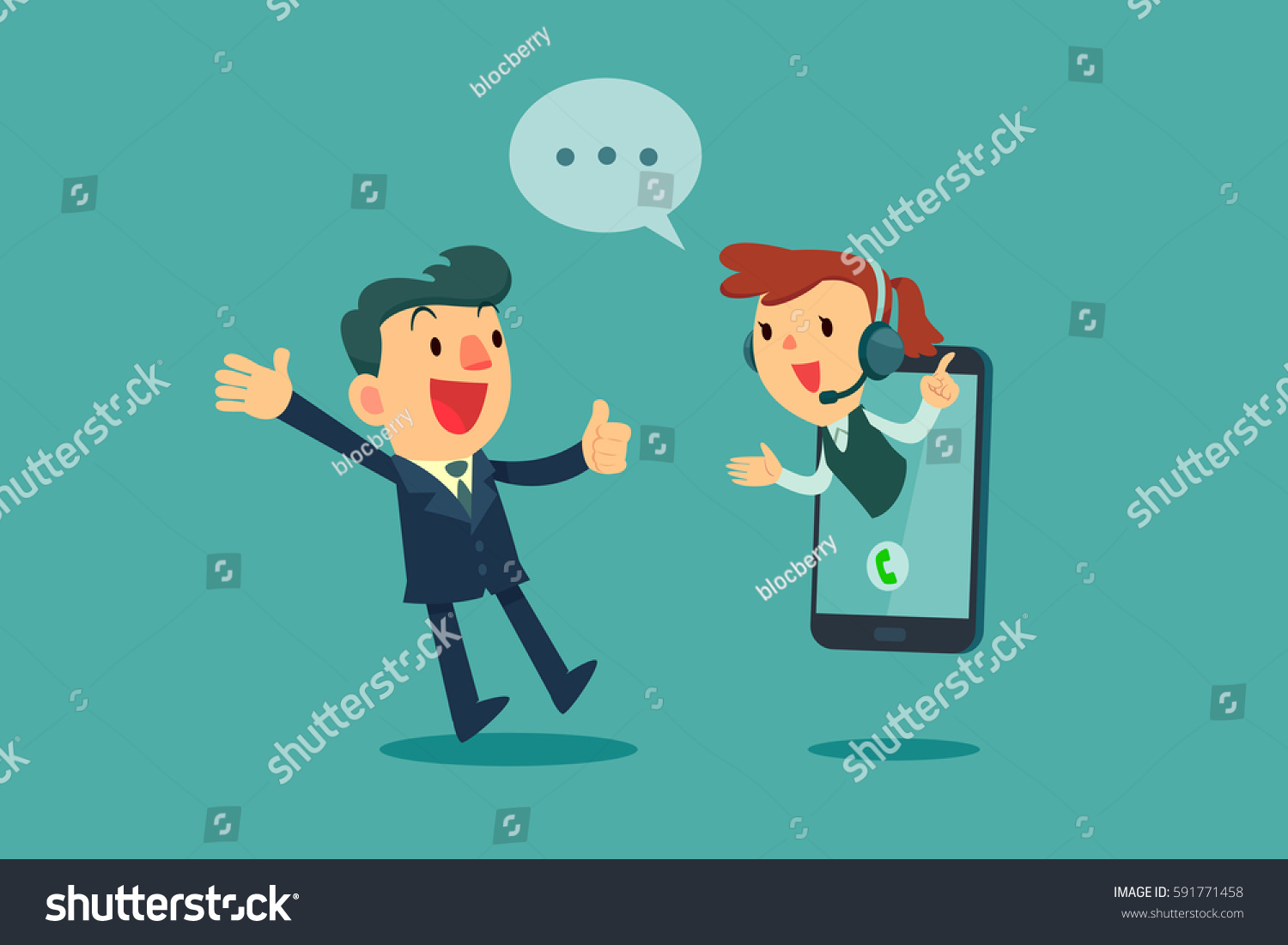 Happy businessman give thumb up to call center operator on screen of smart phone. Online customer service concept.
