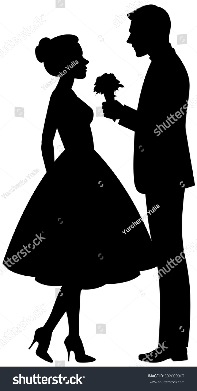 Vector illustration on a white background silhouette of a man in love presents a woman a bouquet of flowers