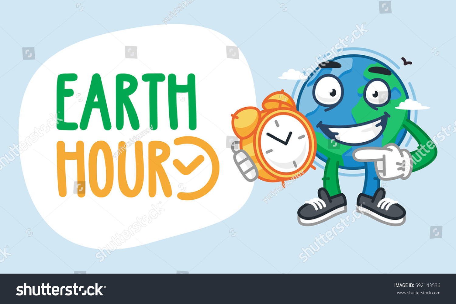 Earth Hour Earth Character Holding Clock. Vector Illustration. Mascot Character.