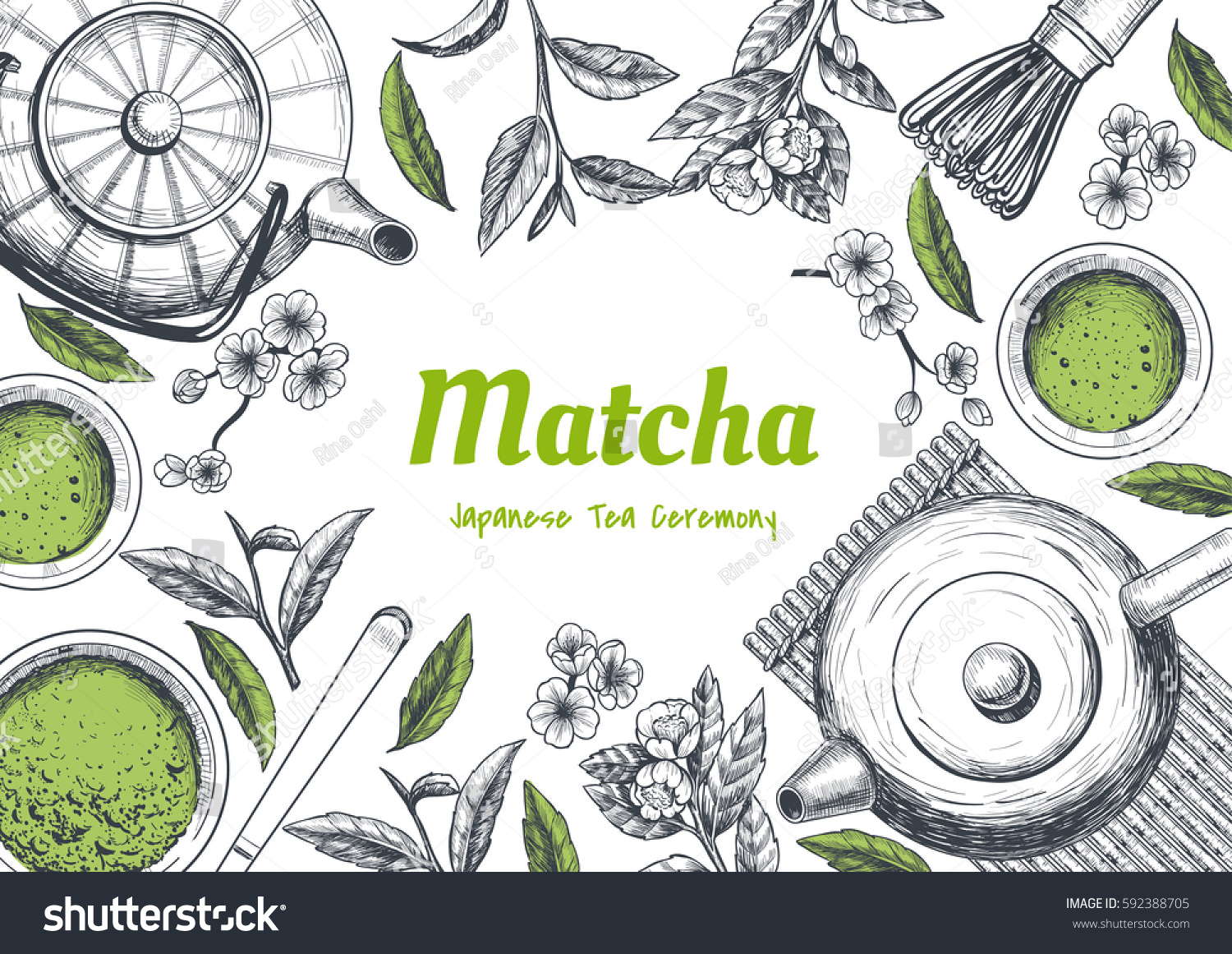 Vector frame with tea. Japanese tea ceremony. Matcha tea. Vintage style