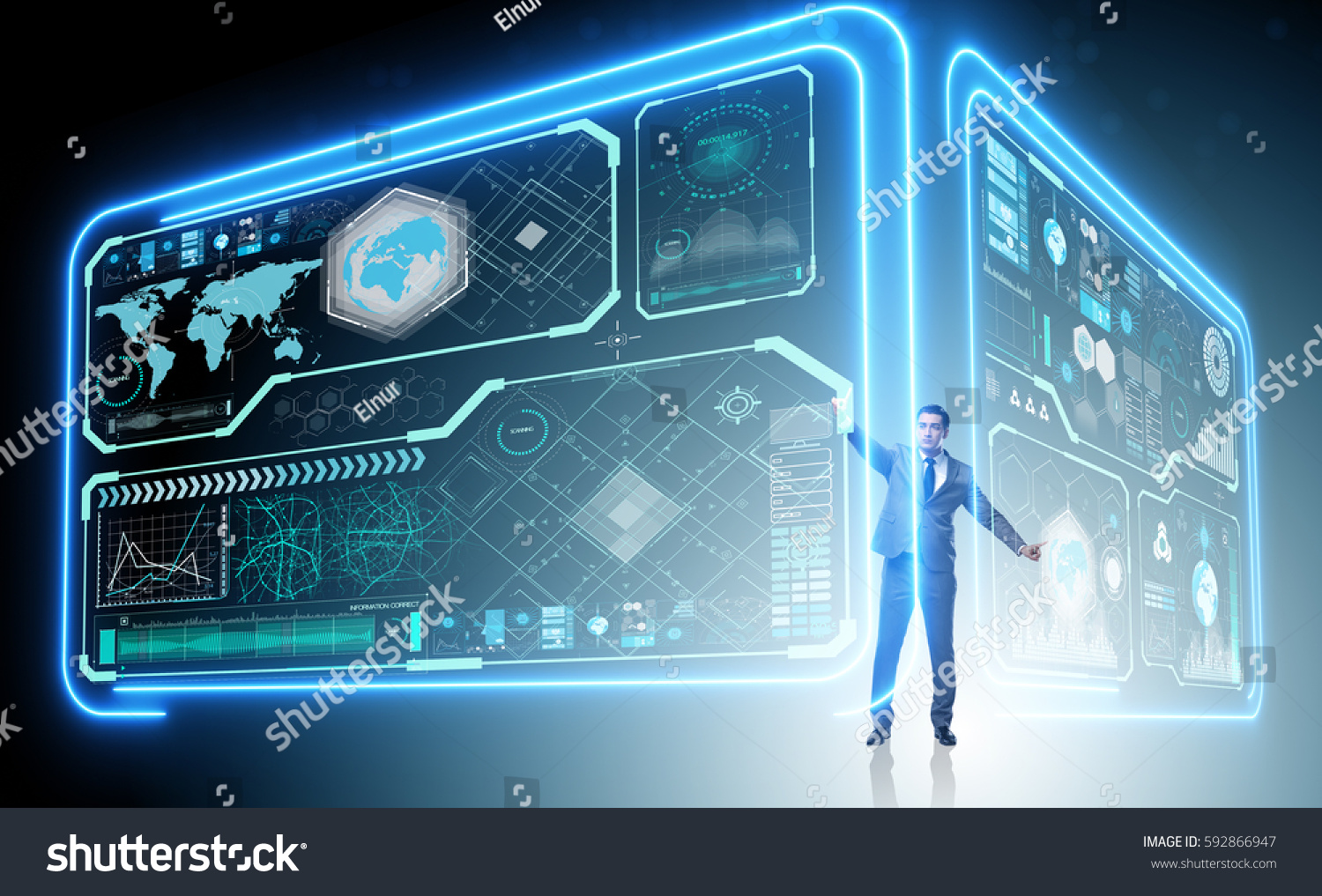 Man pressing virtual button in data mining concept