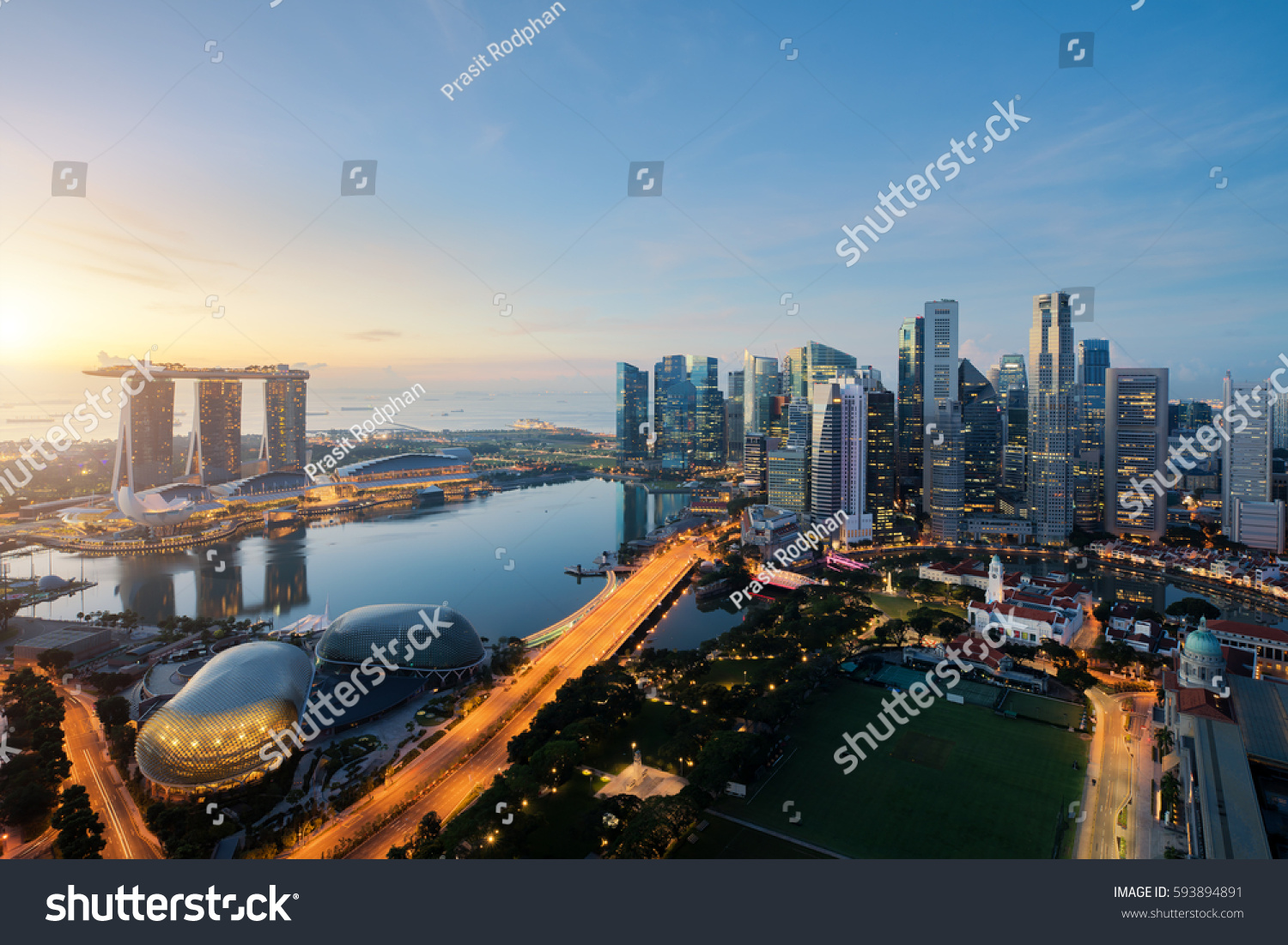 Aerial view of Singapore business district and city at twilight in Singapore  Asia