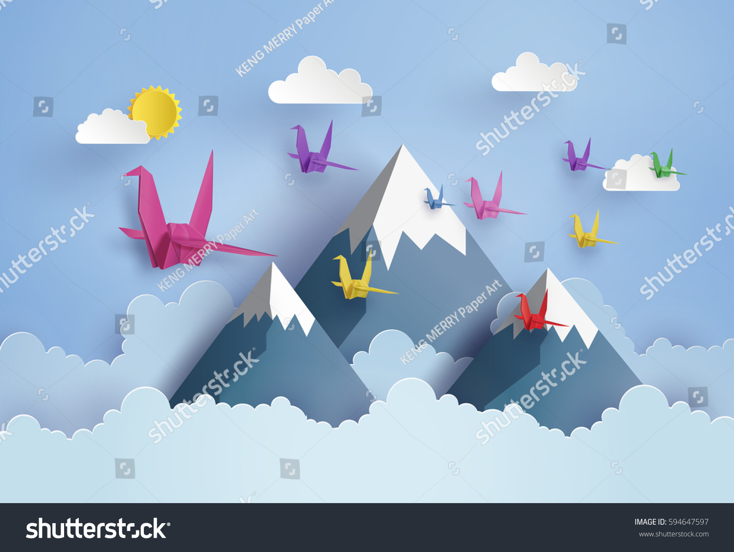 origami made colorful paper bird flying on blue sky over moutian with cloud . paper art and craft style.