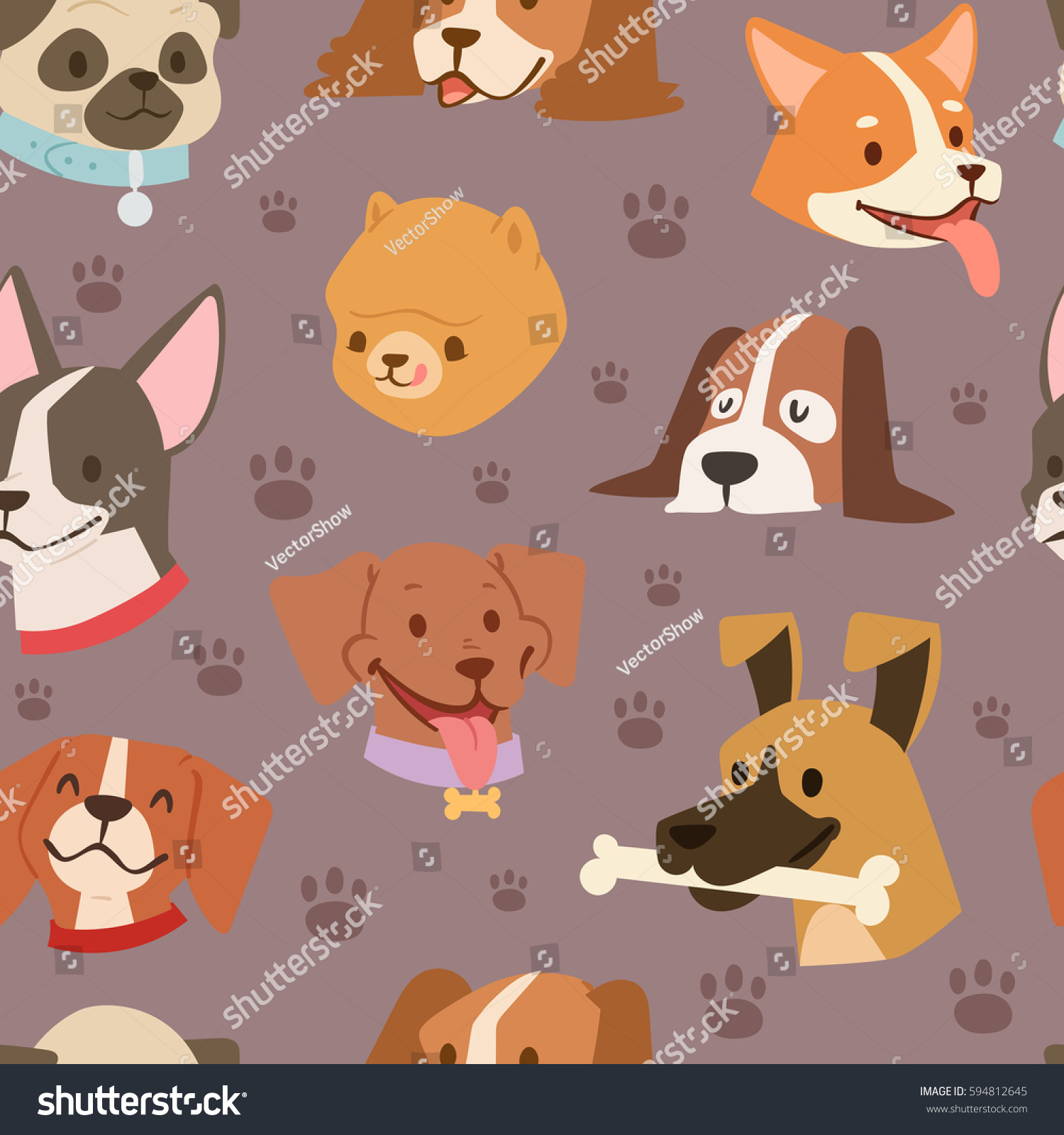 Funny cartoon dogs characters different breads doggy puppy illustration. Furry human friends cute animals seamless pattern background