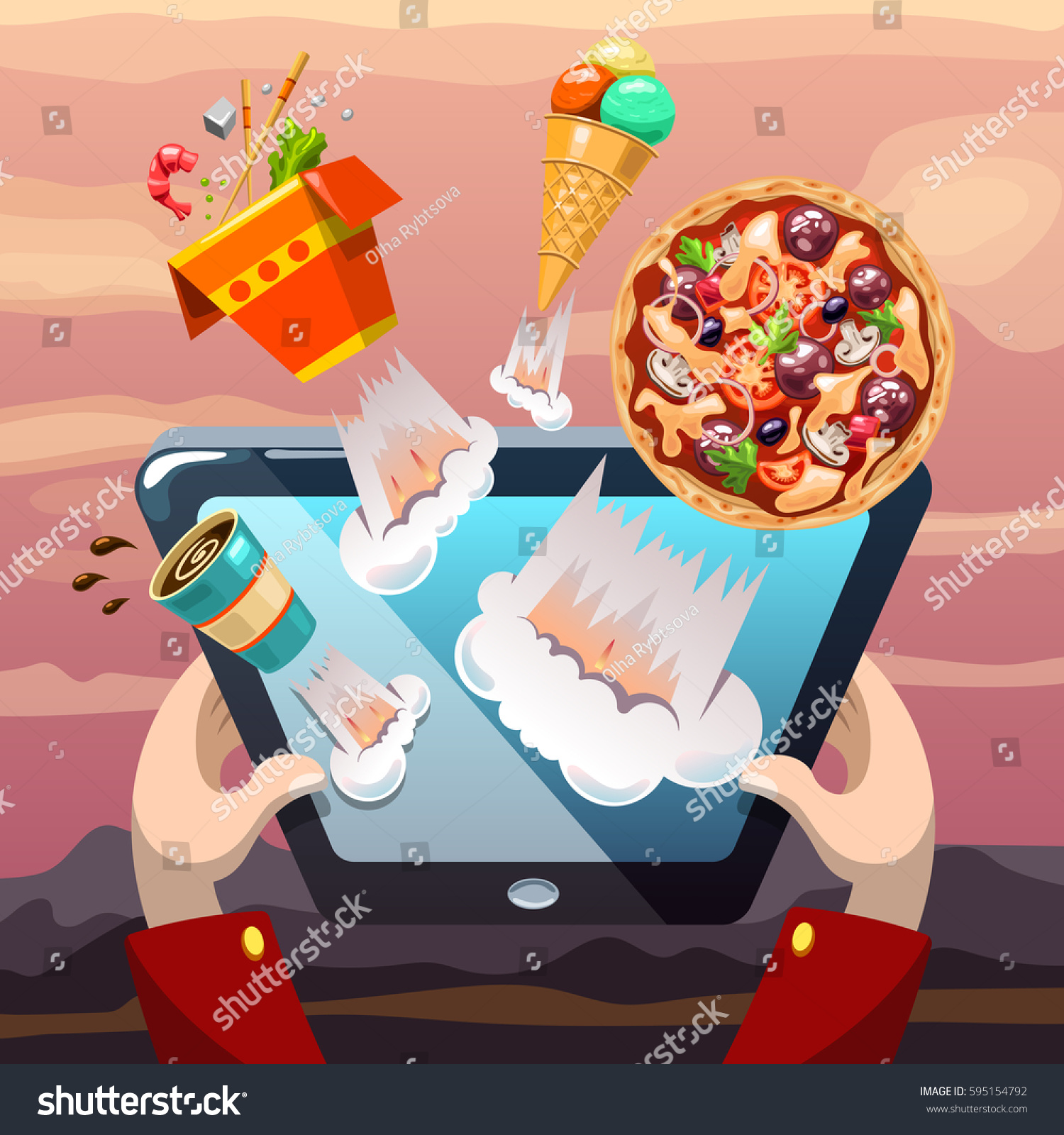Man makes food order online with a tablet. Pizza  coffee  ice cream and Chinese food