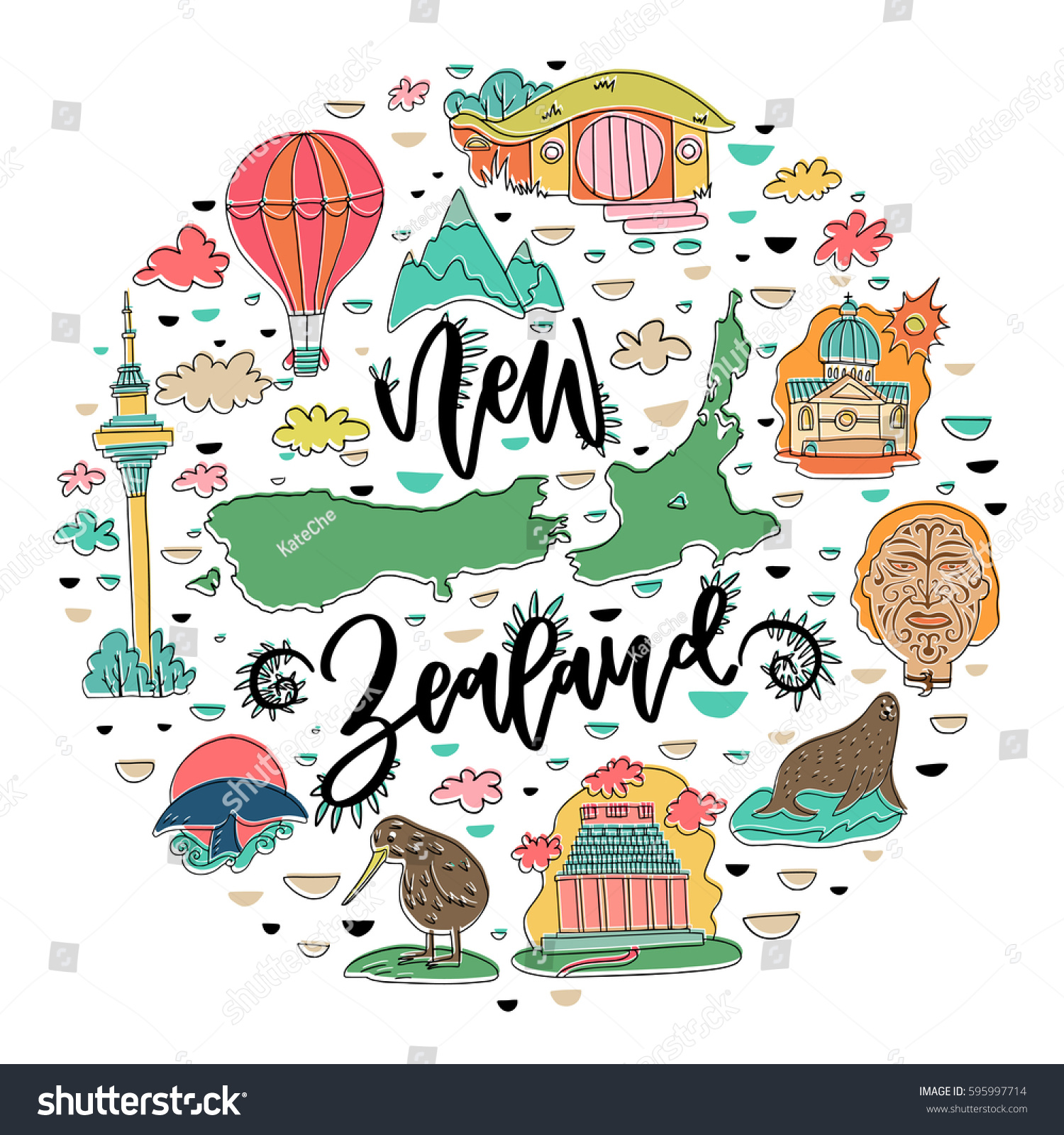 New Zealand travel attractions and symbols hand drawn concept with famous buildings  animals and landmarks. Vector illustration for tourist guide  poster  post card  souvenir. Unique lettering design.
